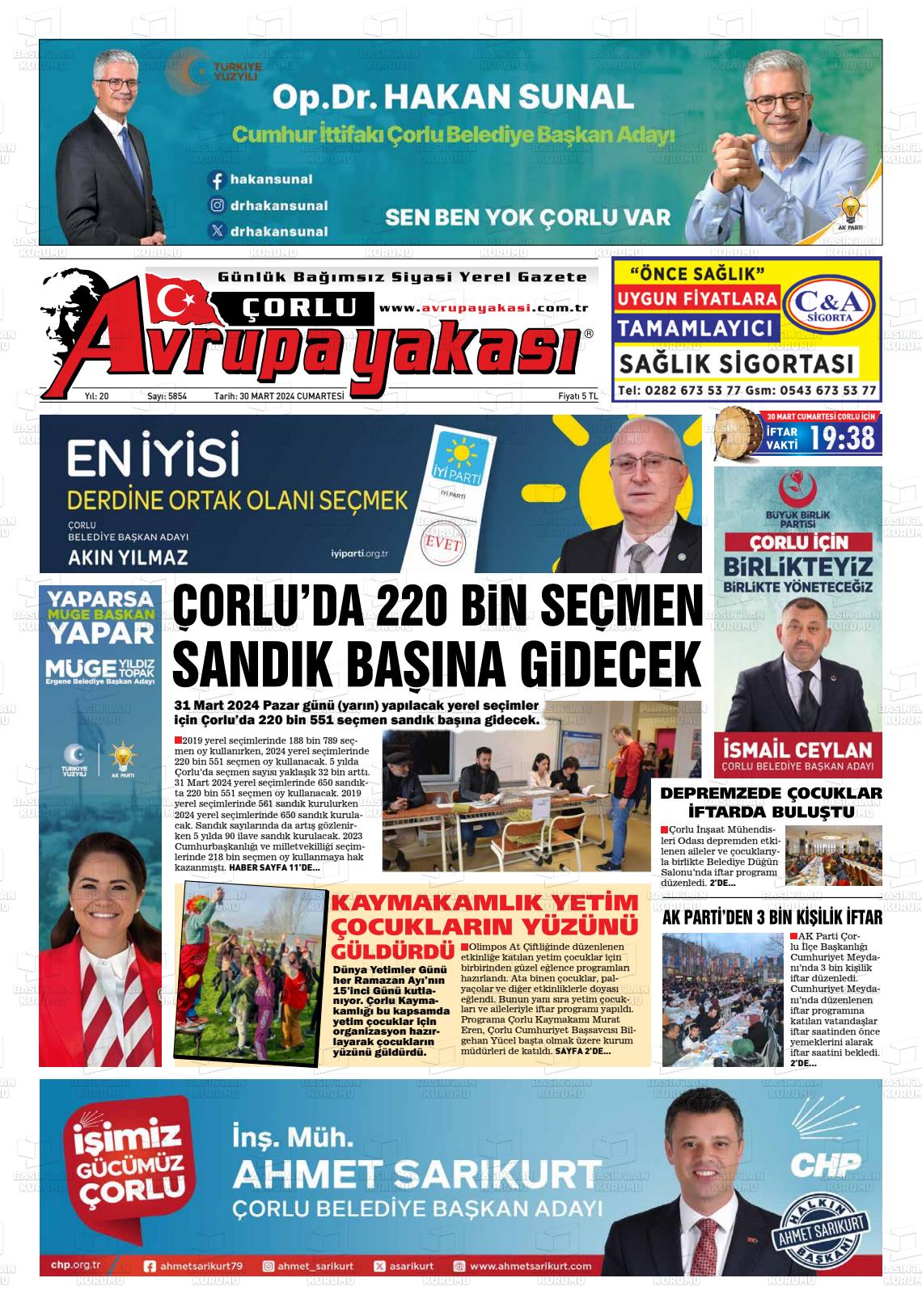 30 Mart 2024 Avrupa Yakasi Gazete Manşeti