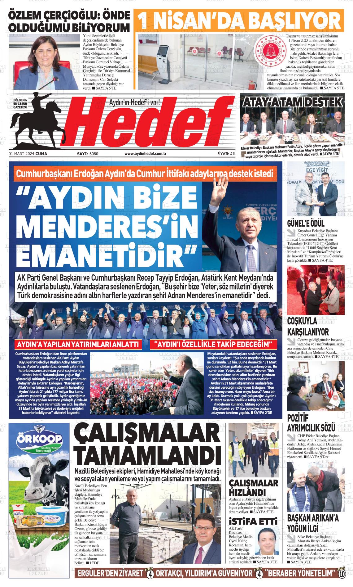 01 Mart 2024 Aydın Hedef Gazete Manşeti