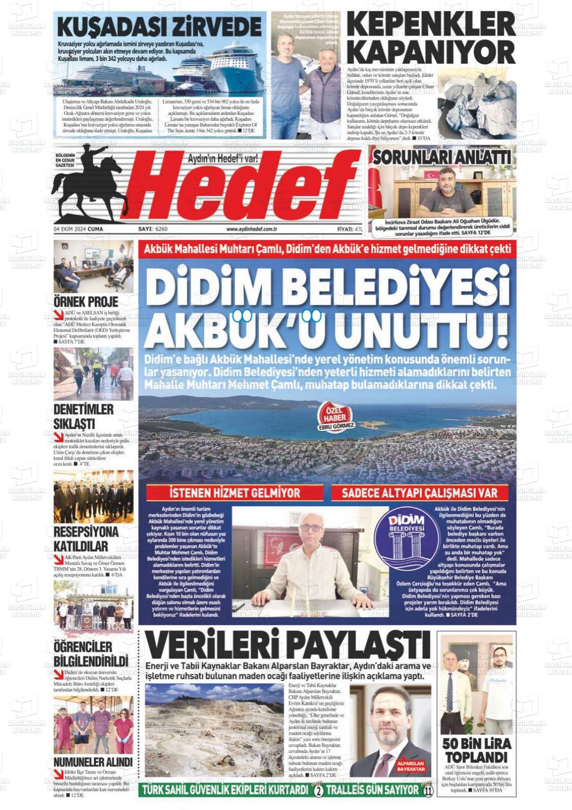 04 Ekim 2024 Aydın Hedef Gazete Manşeti