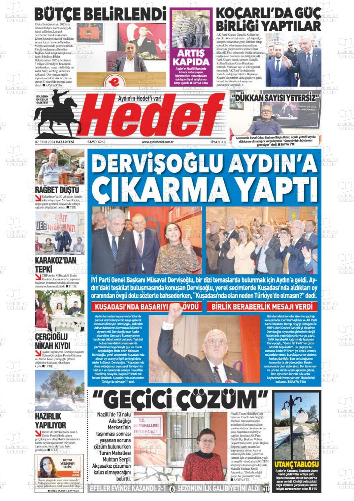 07 Ekim 2024 Aydın Hedef Gazete Manşeti