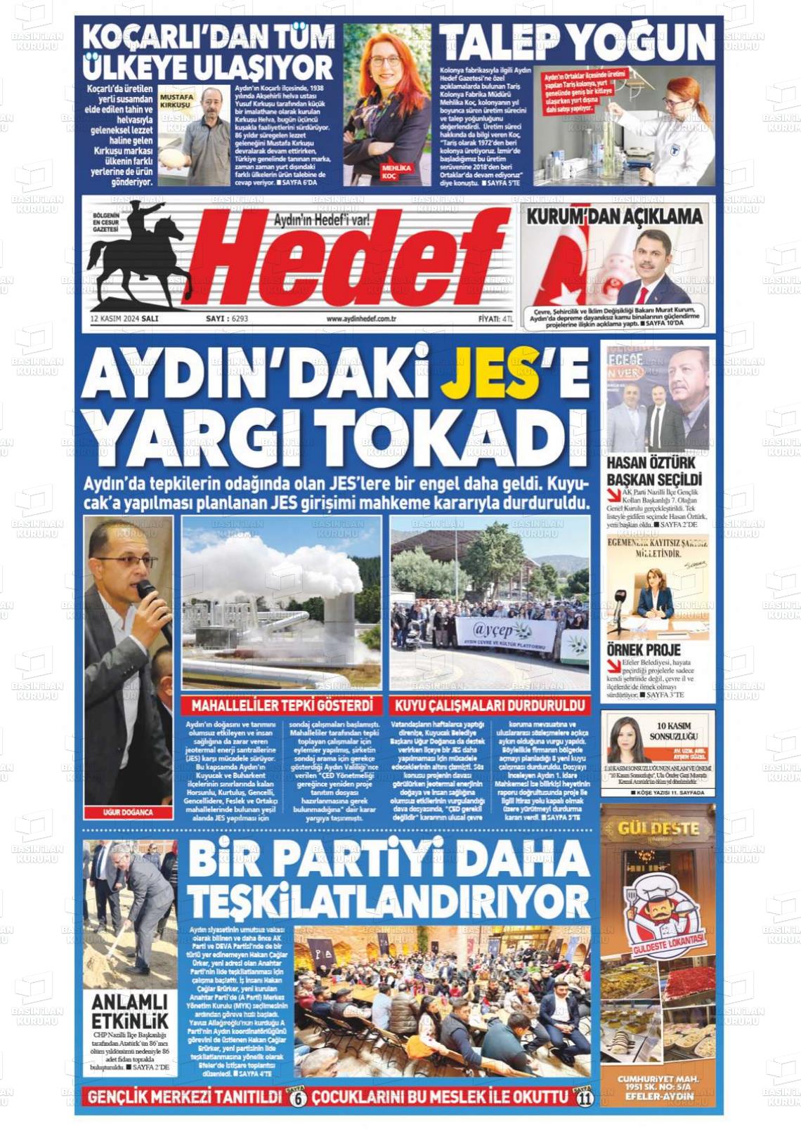 12 Kasım 2024 Aydın Hedef Gazete Manşeti