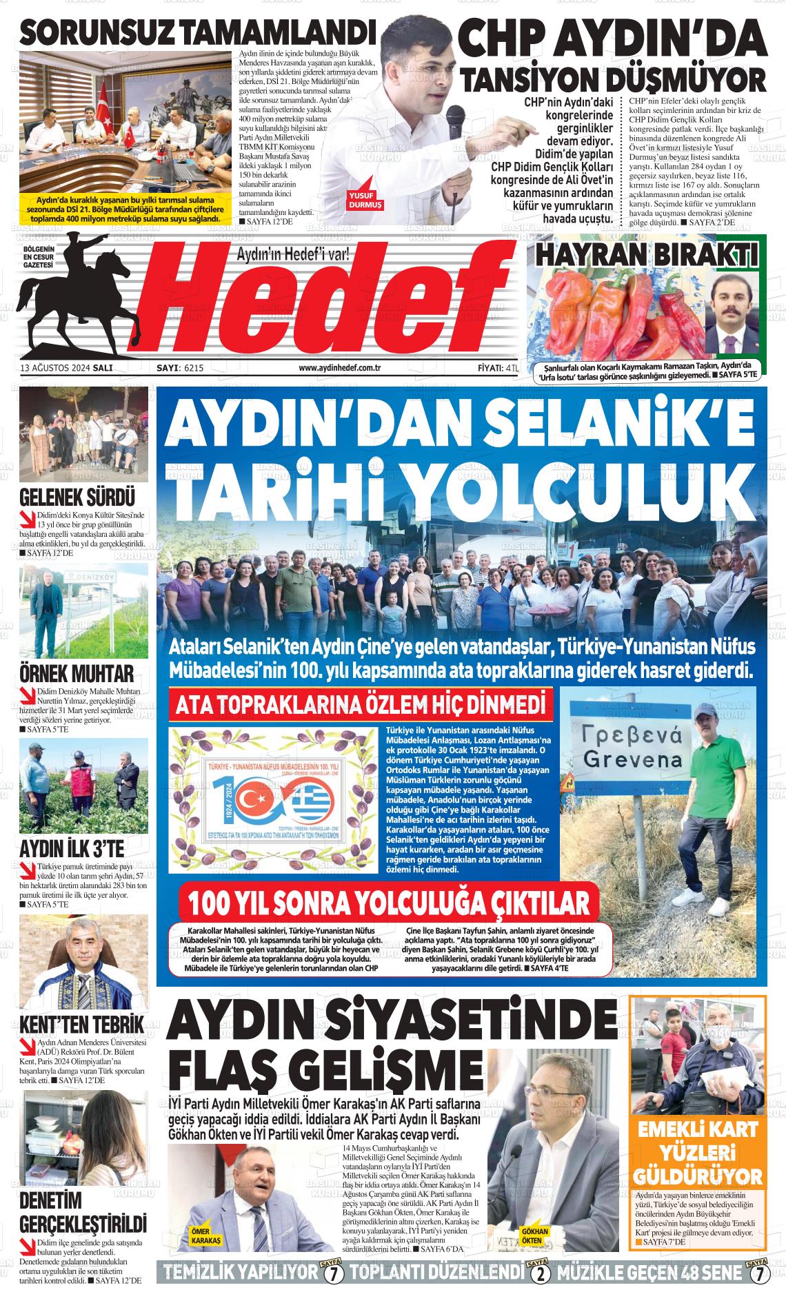 13 Ağustos 2024 Aydın Hedef Gazete Manşeti