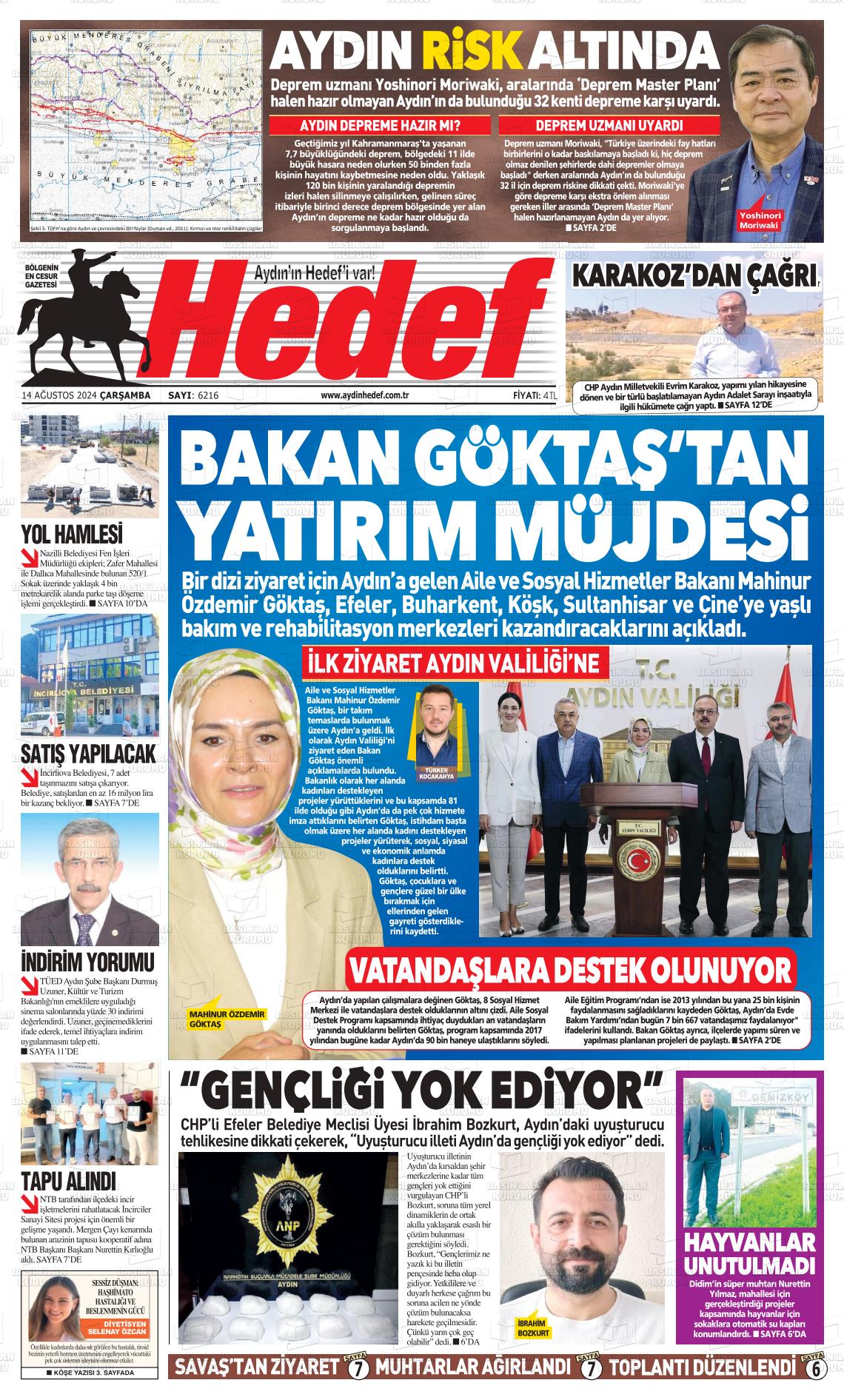 14 Ağustos 2024 Aydın Hedef Gazete Manşeti