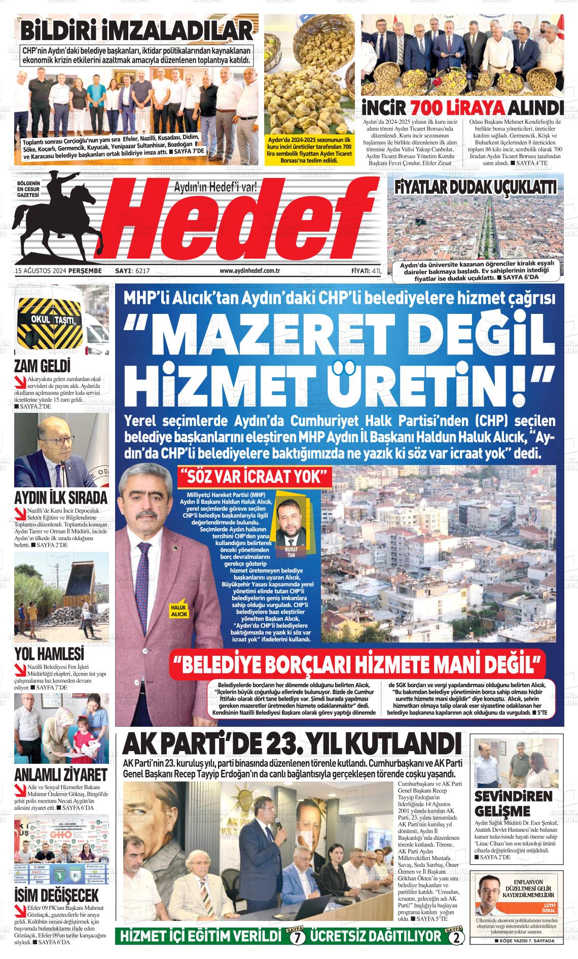 15 Ağustos 2024 Aydın Hedef Gazete Manşeti