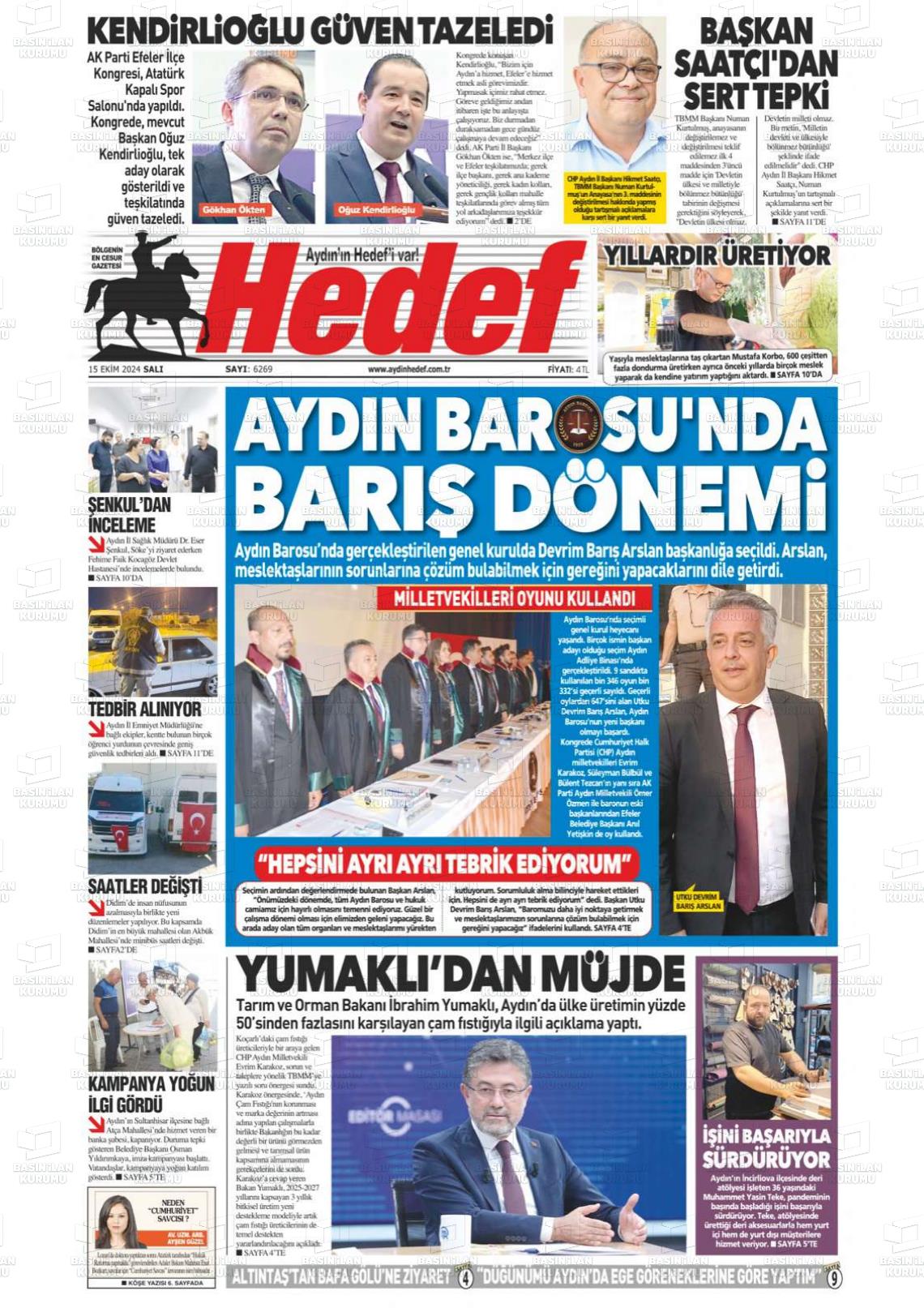 15 Ekim 2024 Aydın Hedef Gazete Manşeti