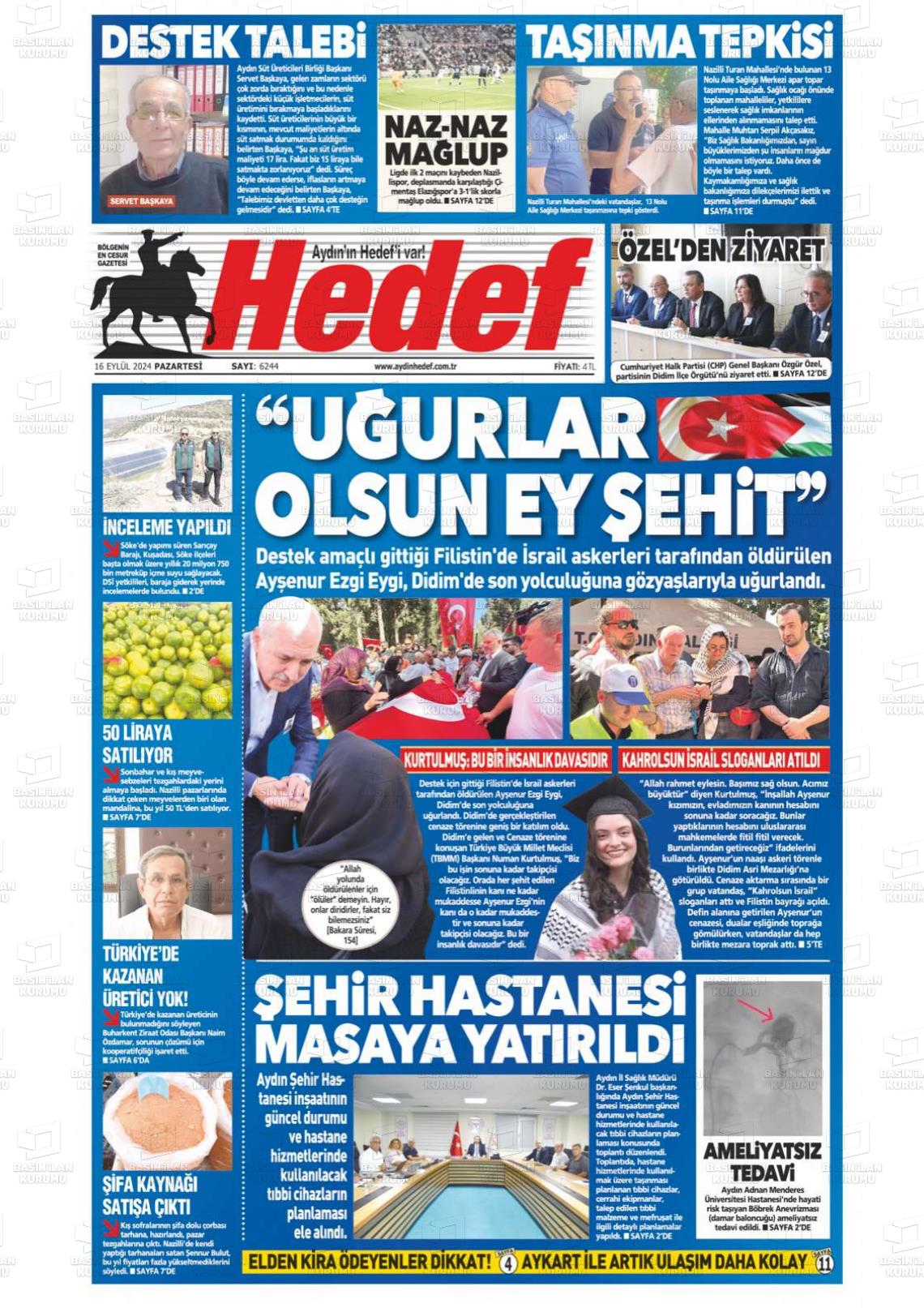 16 Eylül 2024 Aydın Hedef Gazete Manşeti