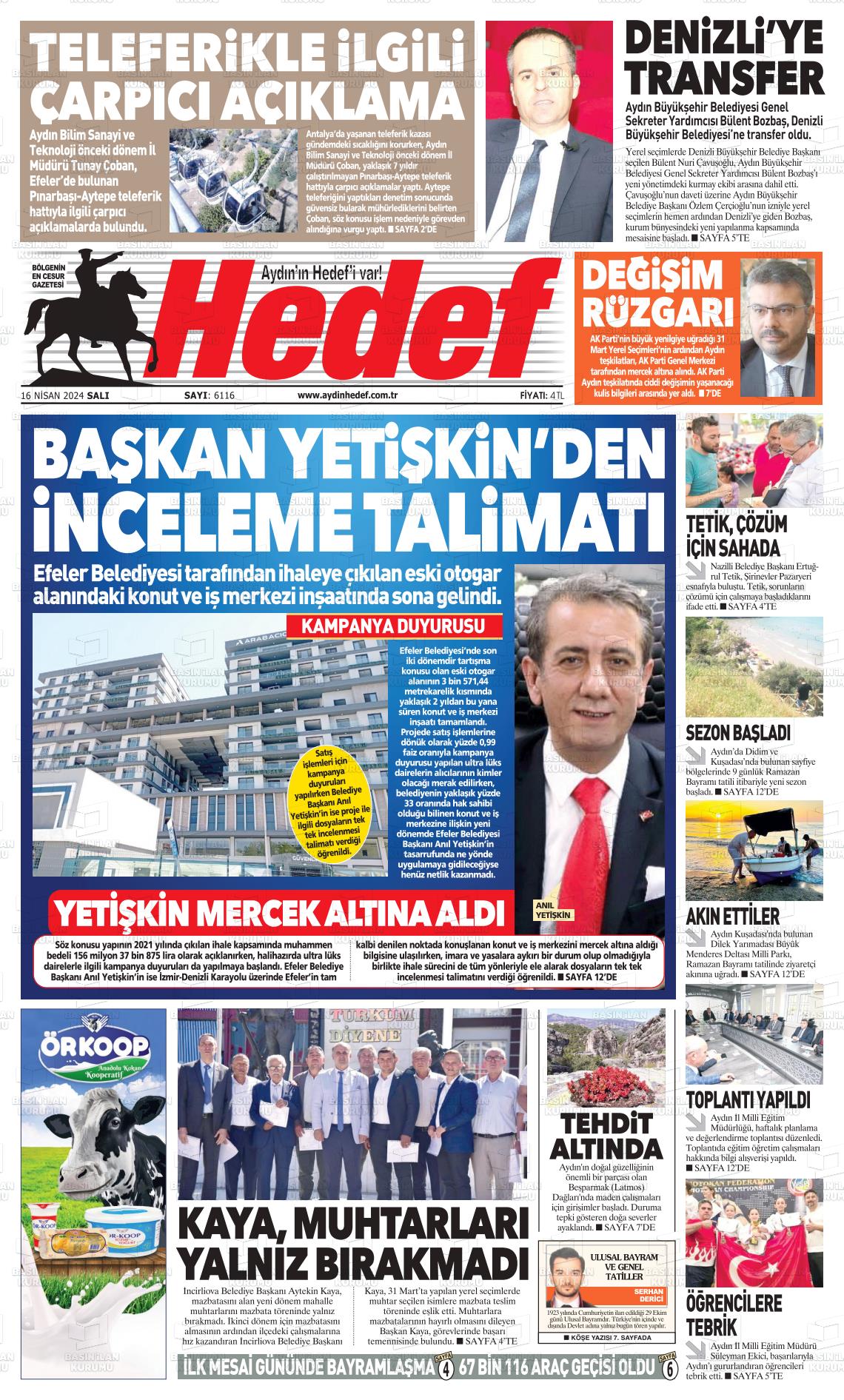 16 Nisan 2024 Aydın Hedef Gazete Manşeti