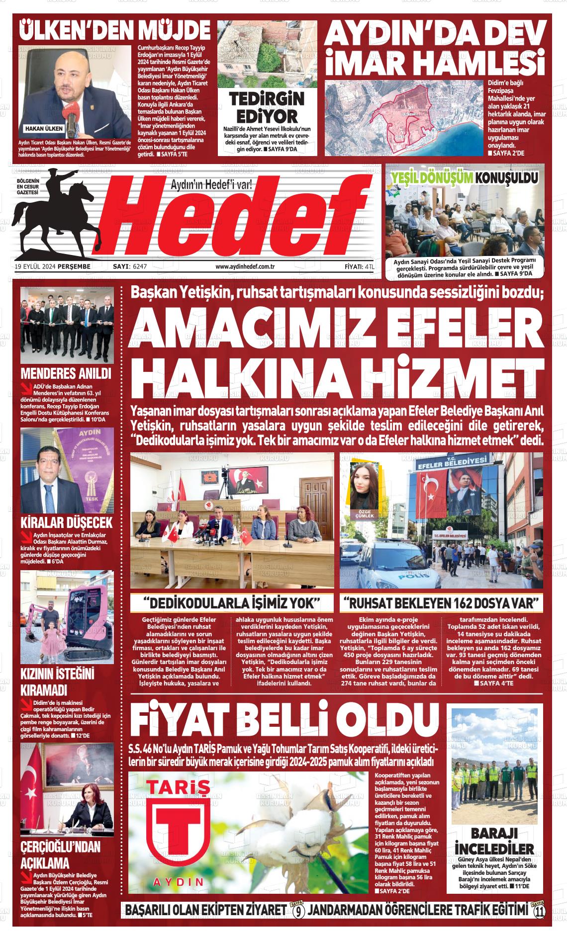 19 Eylül 2024 Aydın Hedef Gazete Manşeti