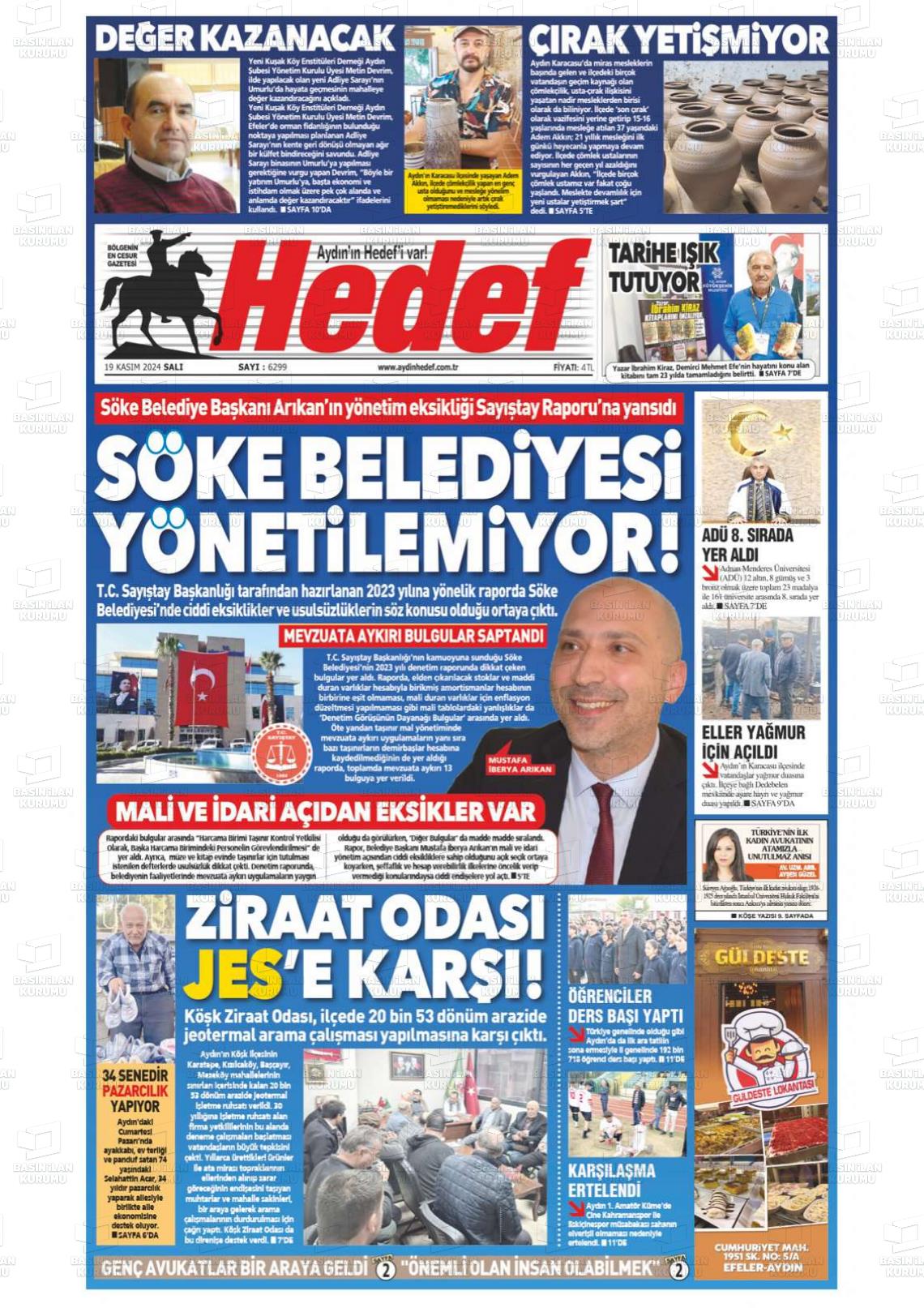 19 Kasım 2024 Aydın Hedef Gazete Manşeti