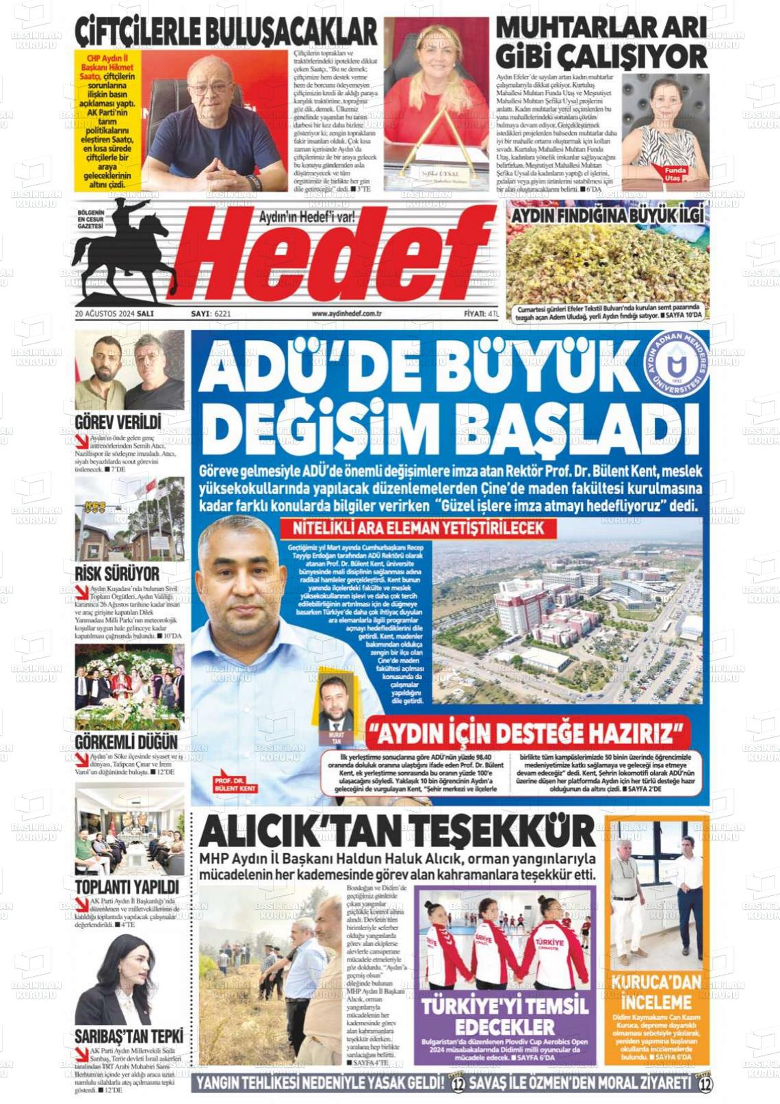 20 Ağustos 2024 Aydın Hedef Gazete Manşeti