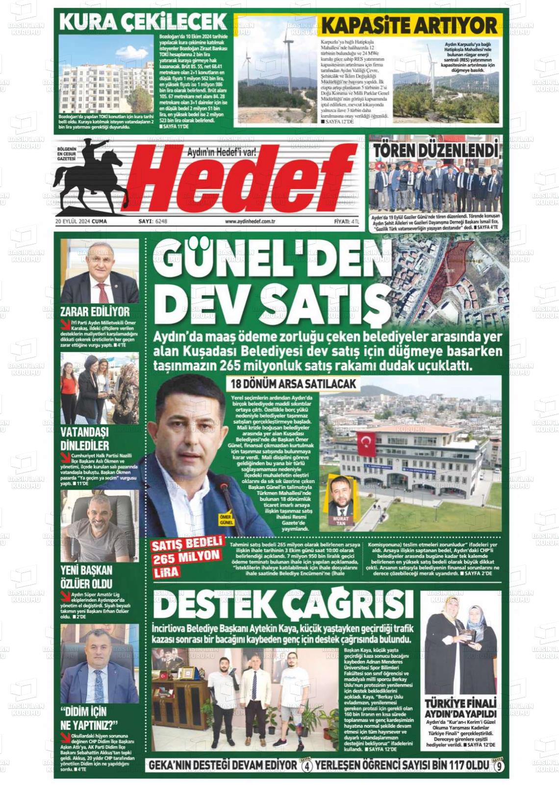 20 Eylül 2024 Aydın Hedef Gazete Manşeti