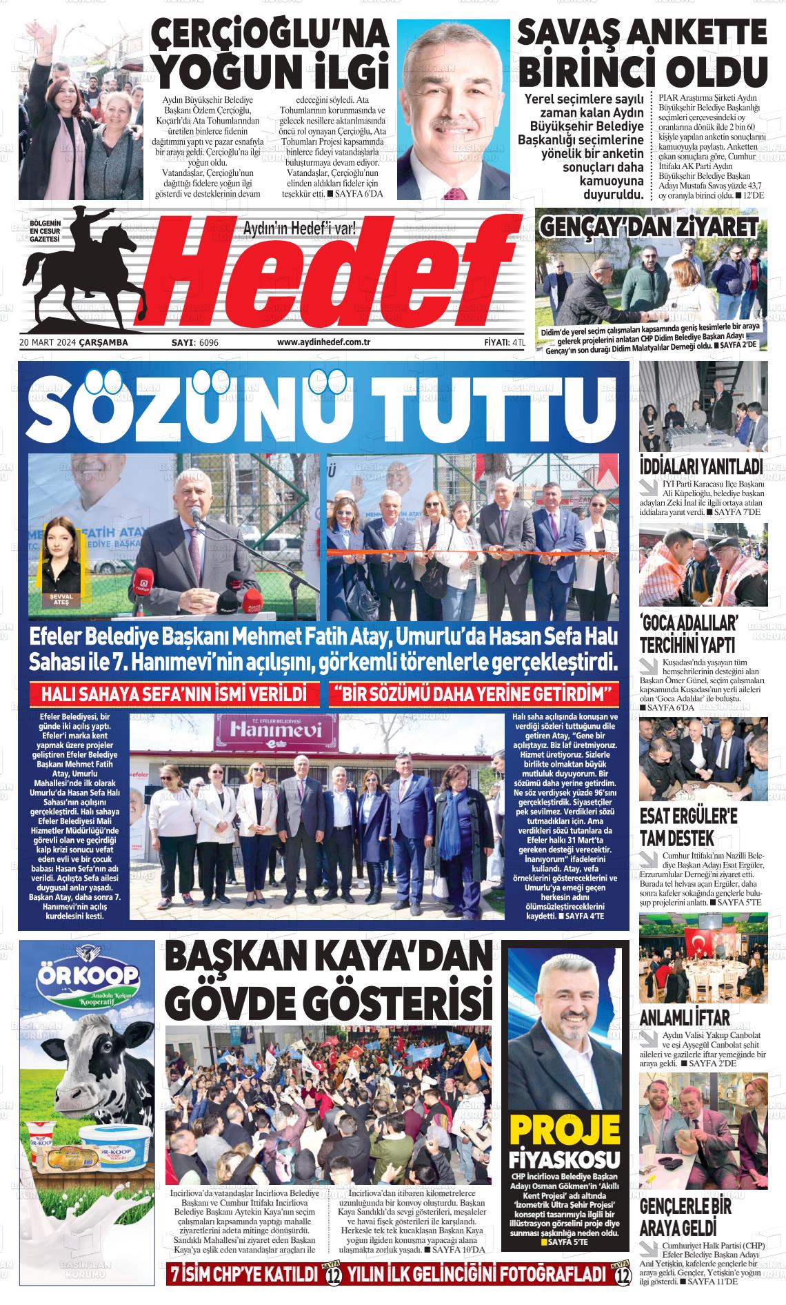 20 Mart 2024 Aydın Hedef Gazete Manşeti