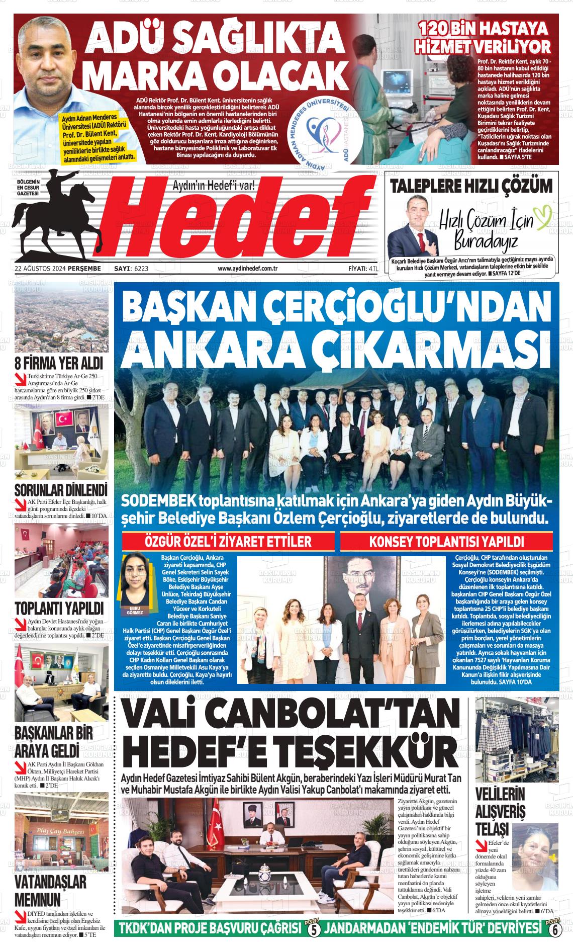 22 Ağustos 2024 Aydın Hedef Gazete Manşeti