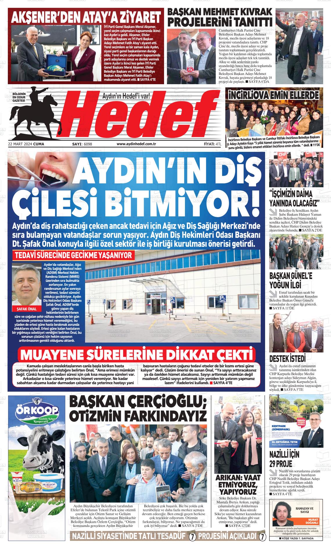 22 Mart 2024 Aydın Hedef Gazete Manşeti