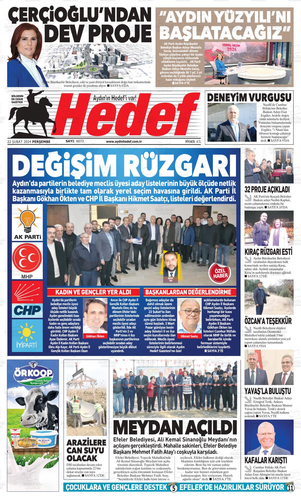 22 Şubat 2024 Aydın Hedef Gazete Manşeti