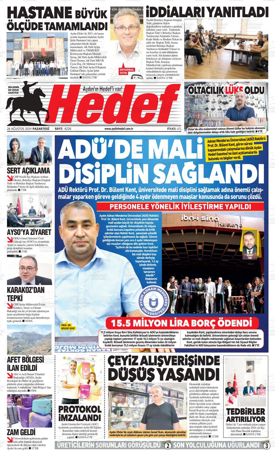 26 Ağustos 2024 Aydın Hedef Gazete Manşeti