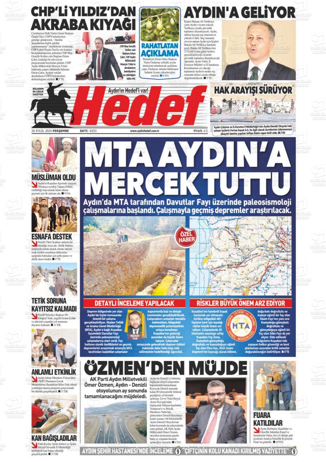 26 Eylül 2024 Aydın Hedef Gazete Manşeti