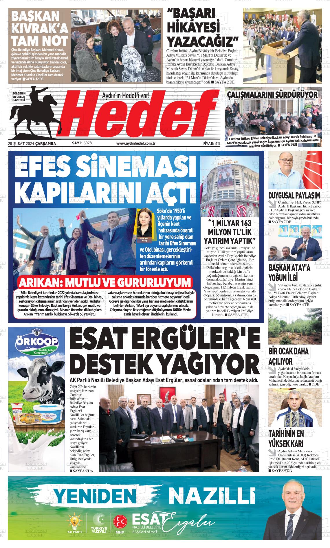 28 Şubat 2024 Aydın Hedef Gazete Manşeti