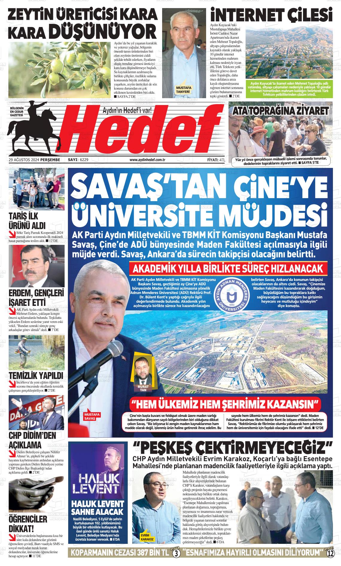 29 Ağustos 2024 Aydın Hedef Gazete Manşeti