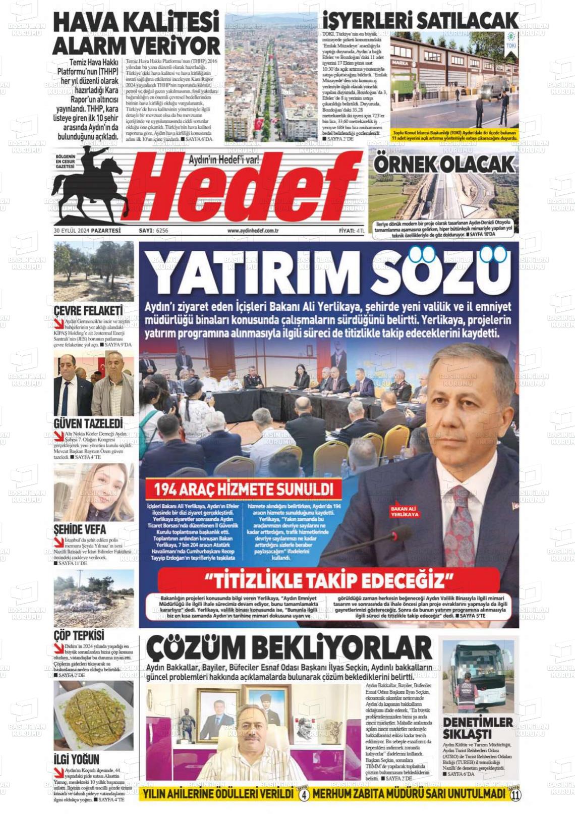 30 Eylül 2024 Aydın Hedef Gazete Manşeti