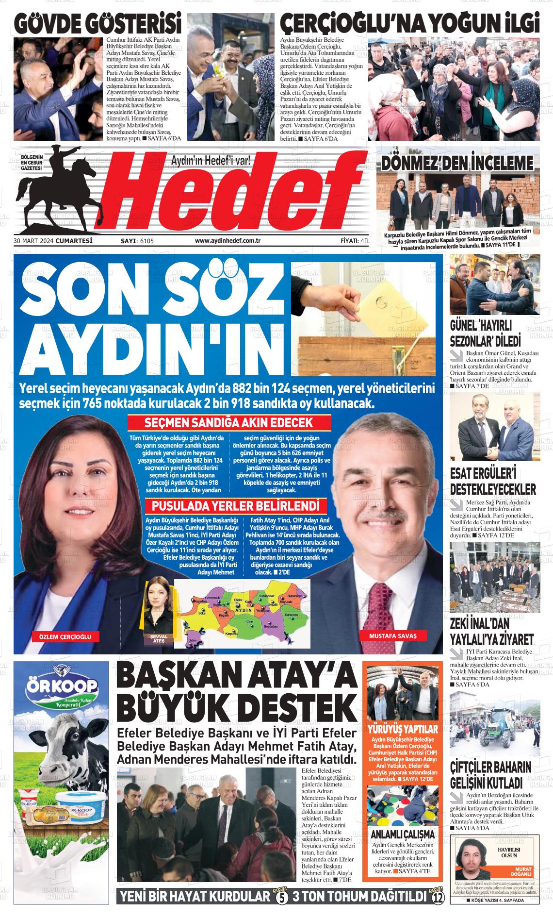 30 Mart 2024 Aydın Hedef Gazete Manşeti