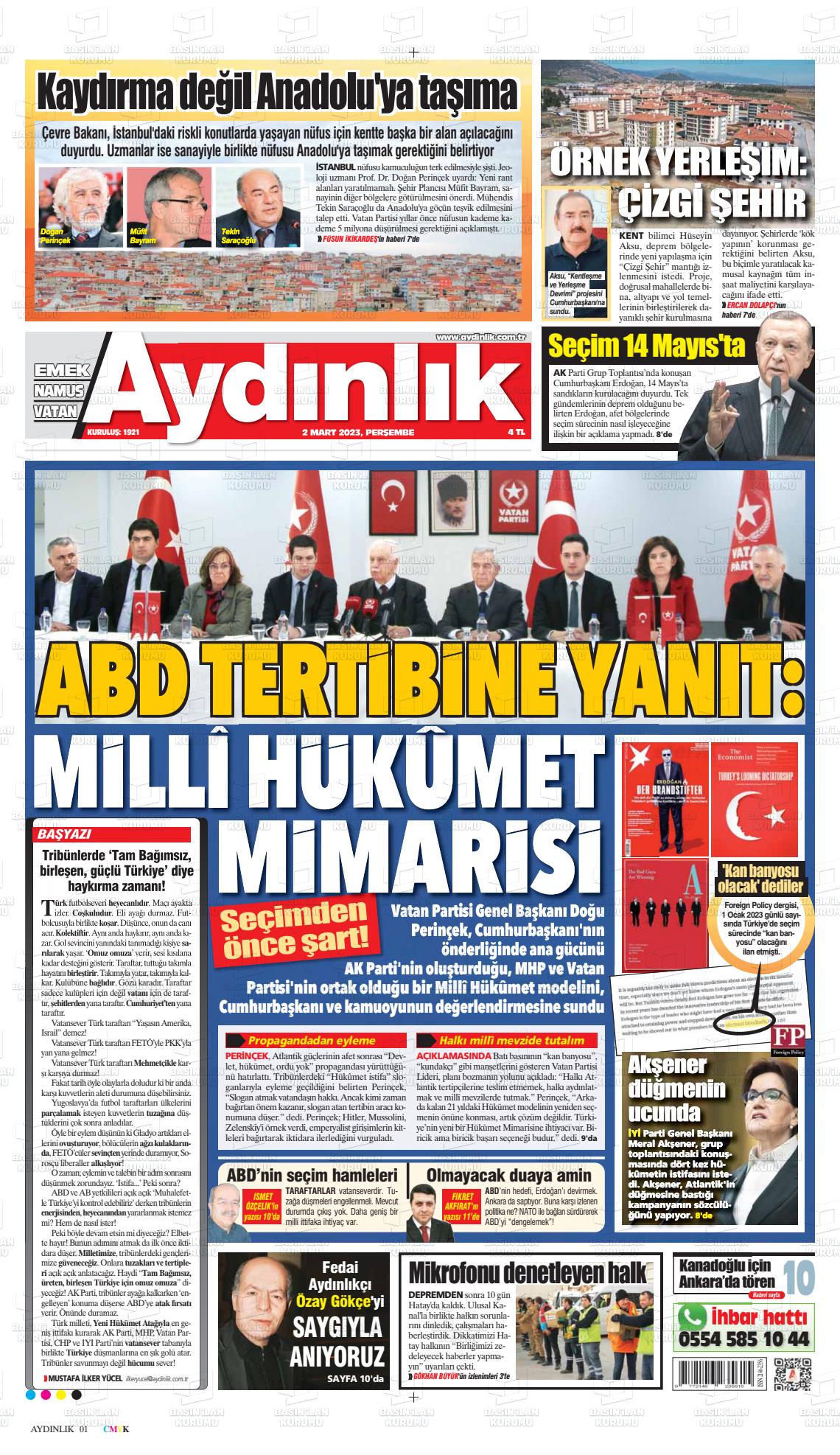 02 Mart 2023 Aydınlık Gazete Manşeti