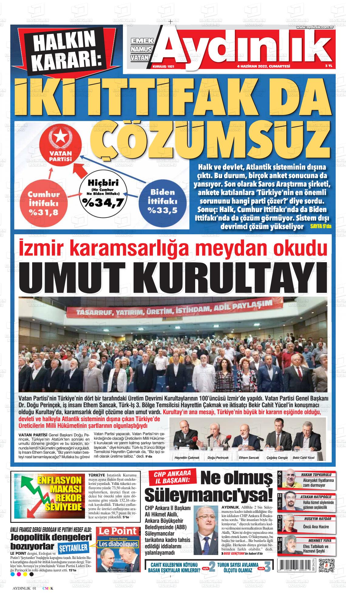 04 Haziran 2022 Aydınlık Gazete Manşeti