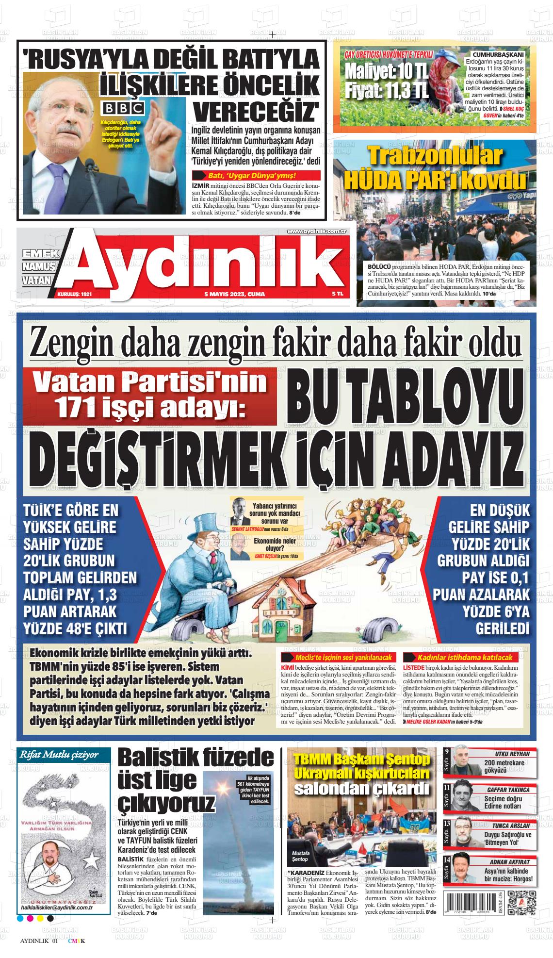 05 Mayıs 2023 Aydınlık Gazete Manşeti