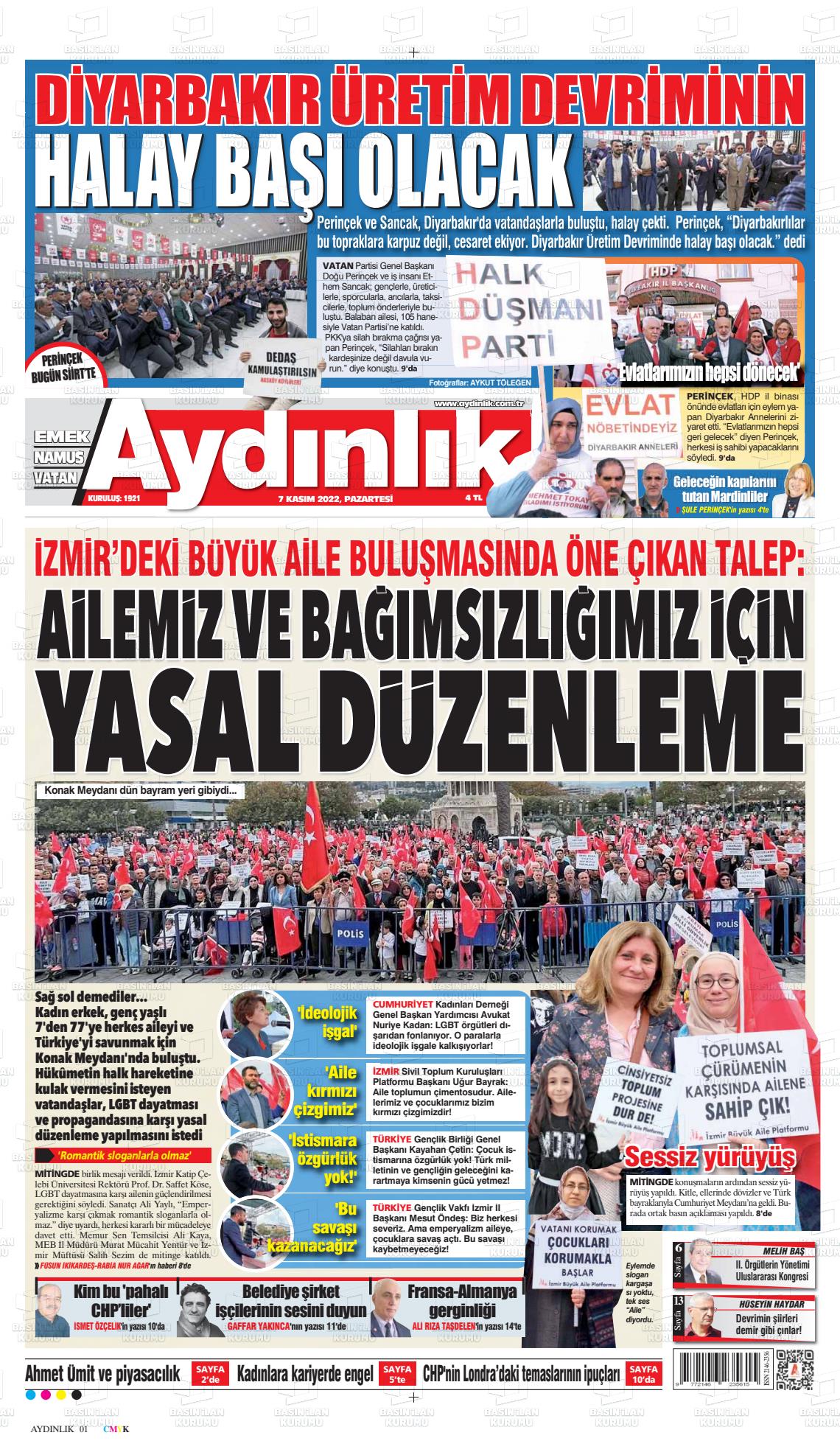 07 Kasım 2022 Aydınlık Gazete Manşeti