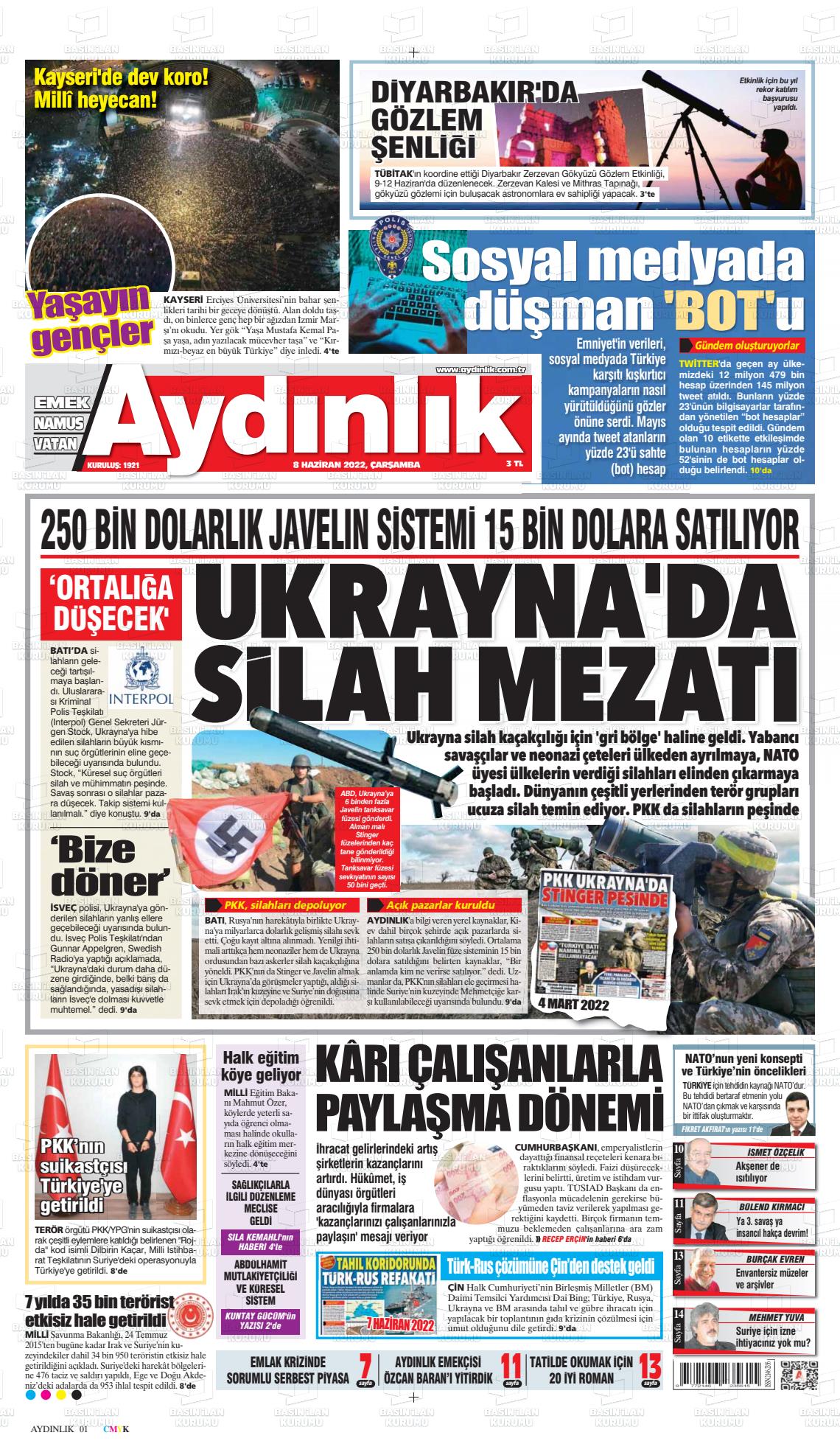 08 Haziran 2022 Aydınlık Gazete Manşeti