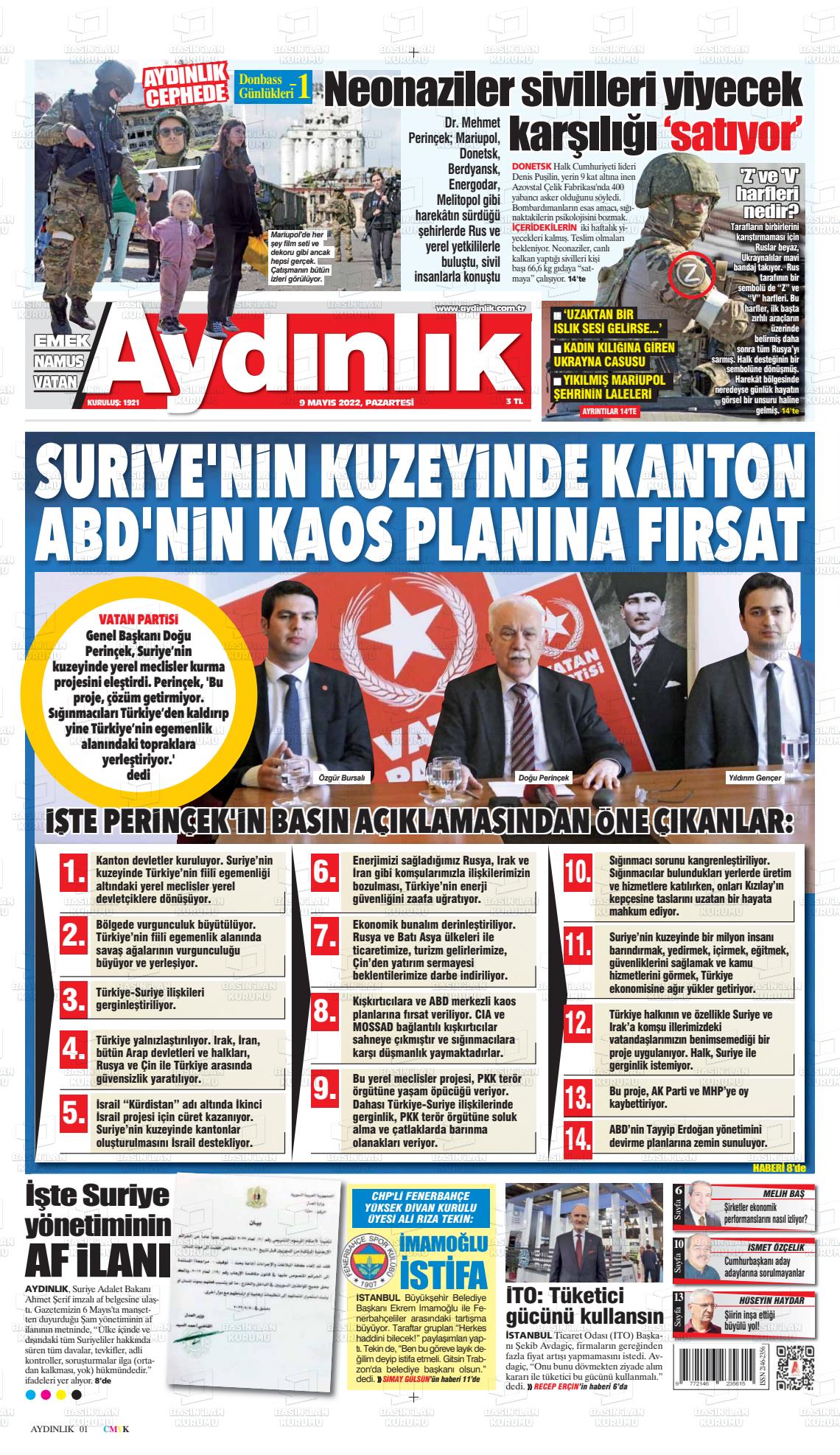 09 Mayıs 2022 Aydınlık Gazete Manşeti