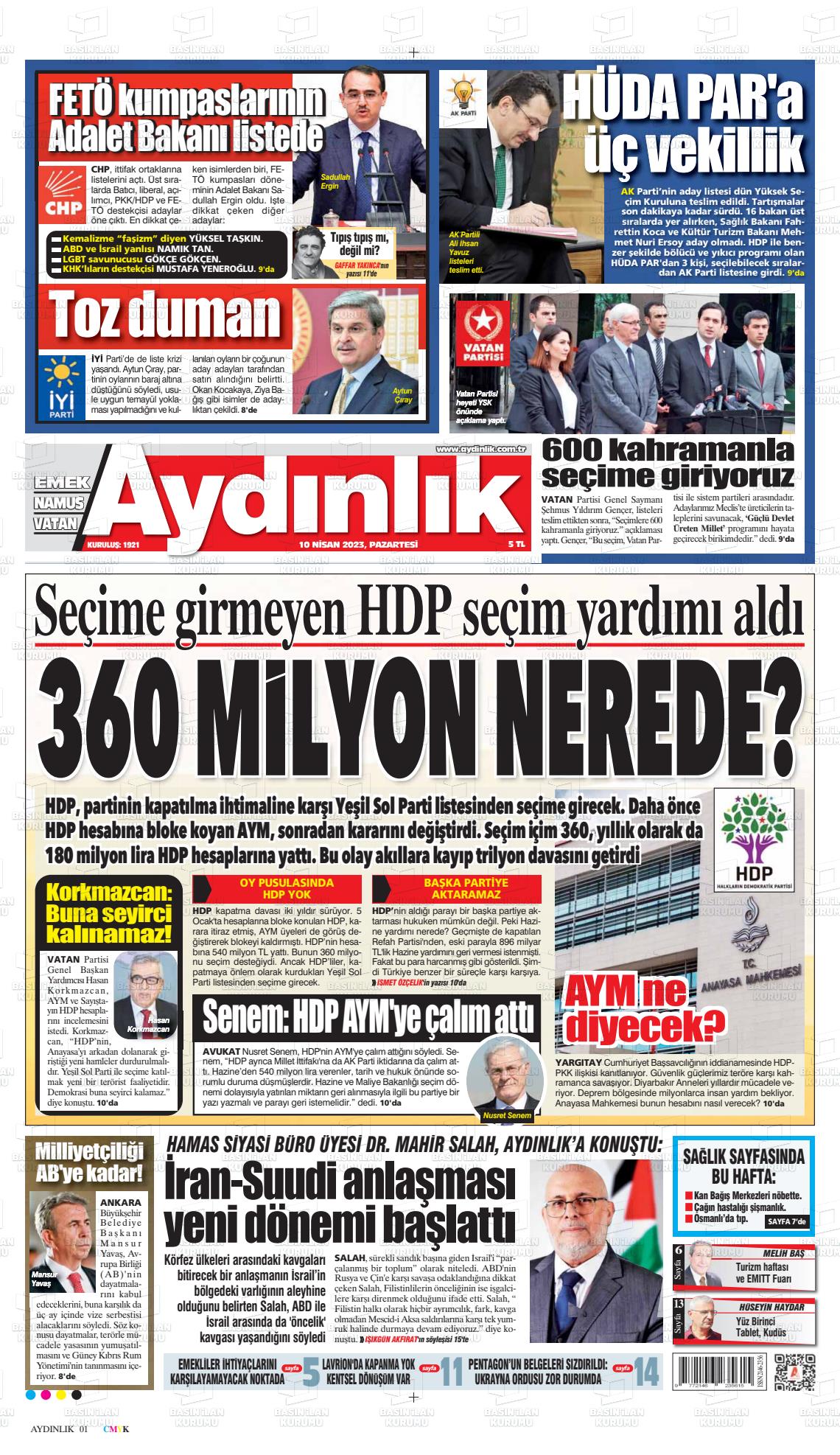 10 Nisan 2023 Aydınlık Gazete Manşeti