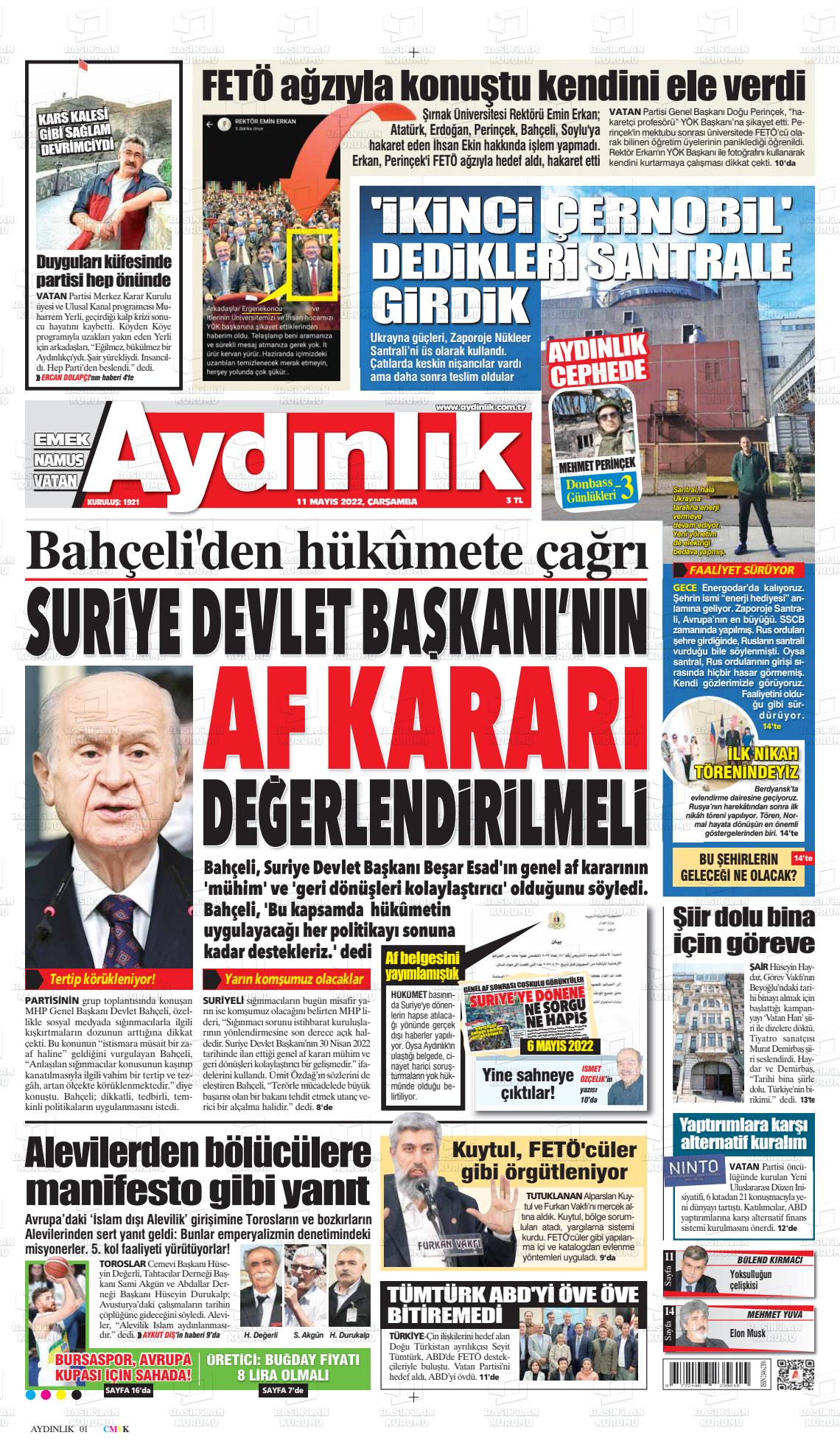 11 Mayıs 2022 Aydınlık Gazete Manşeti