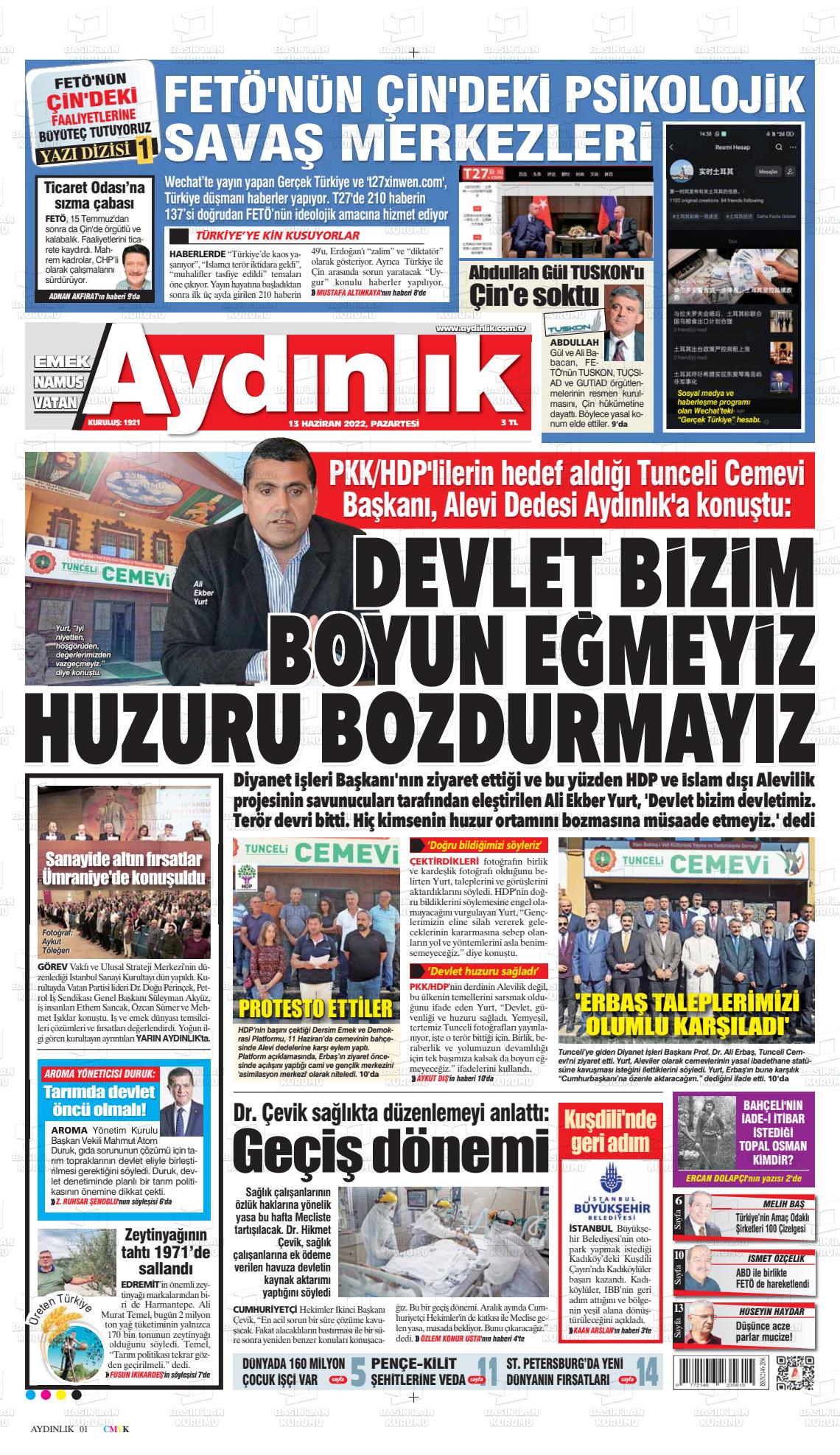 13 Haziran 2022 Aydınlık Gazete Manşeti