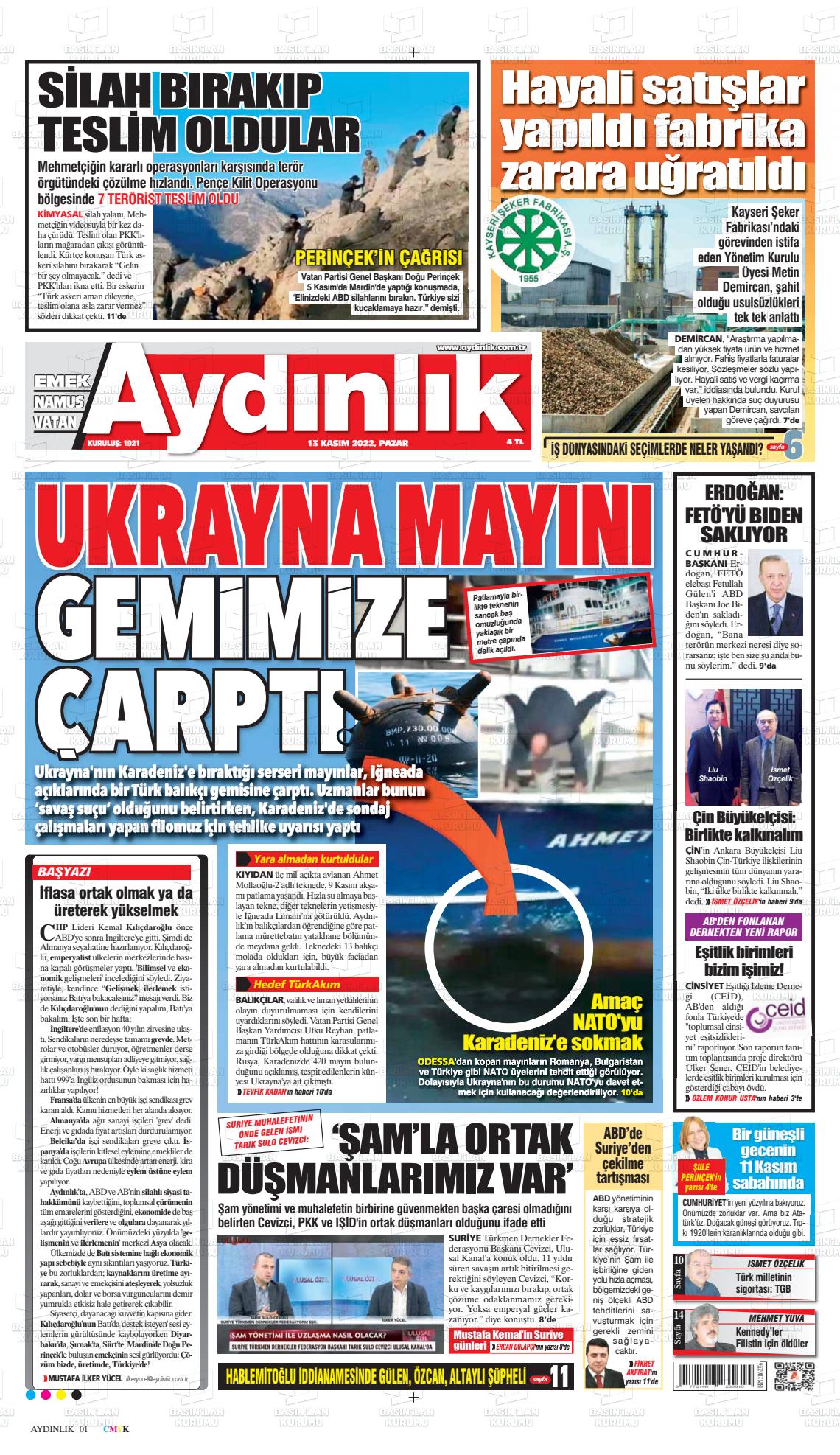 13 Kasım 2022 Aydınlık Gazete Manşeti