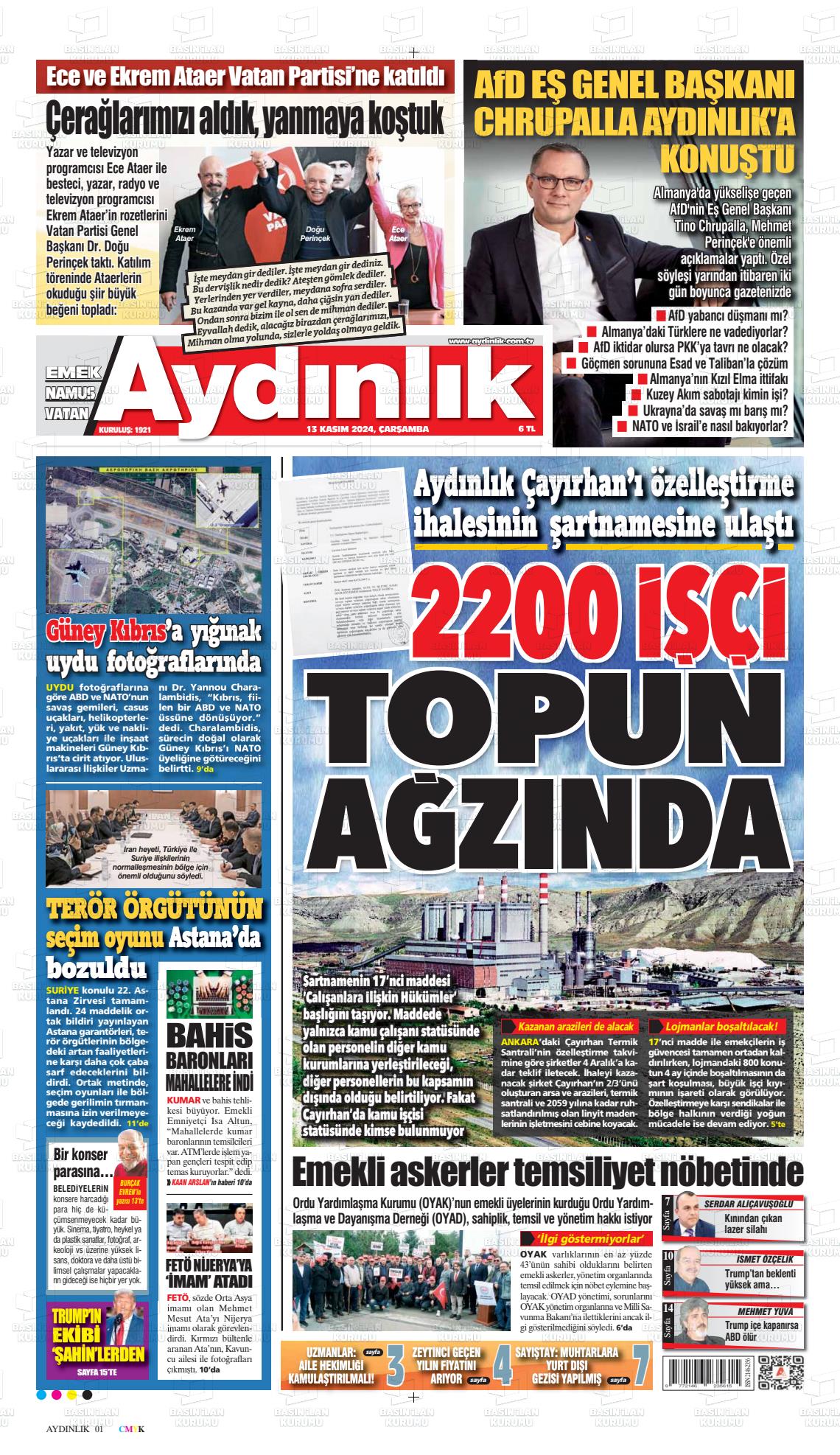 13 Kasım 2024 Aydınlık Gazete Manşeti