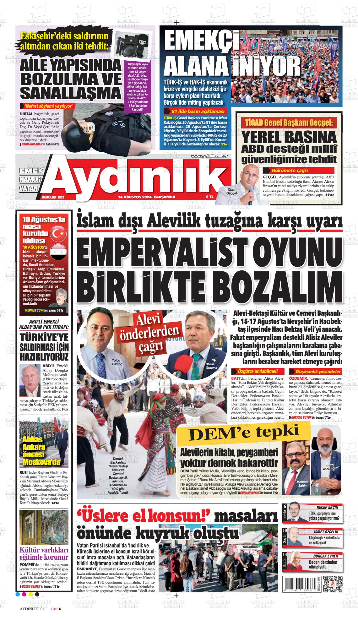 14 Ağustos 2024 Aydınlık Gazete Manşeti