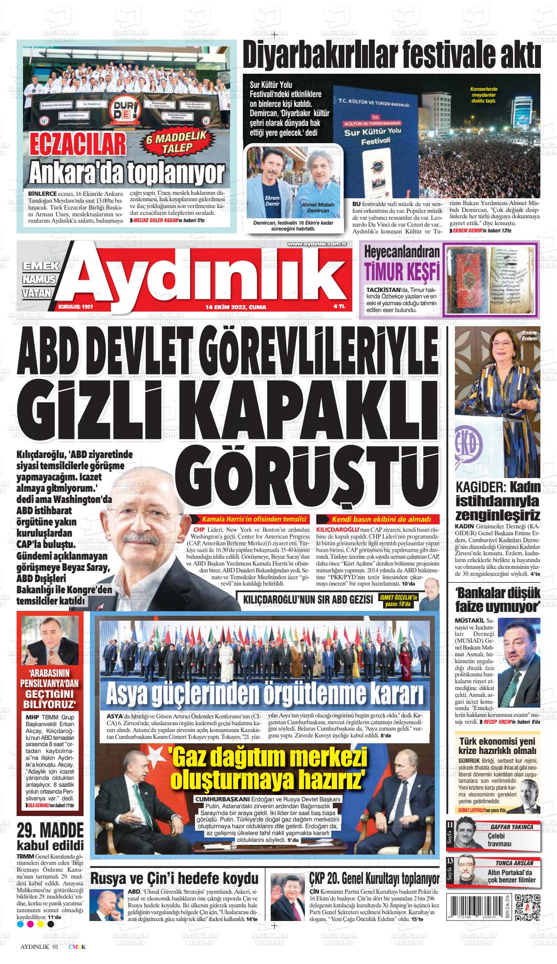 14 Ekim 2022 Aydınlık Gazete Manşeti