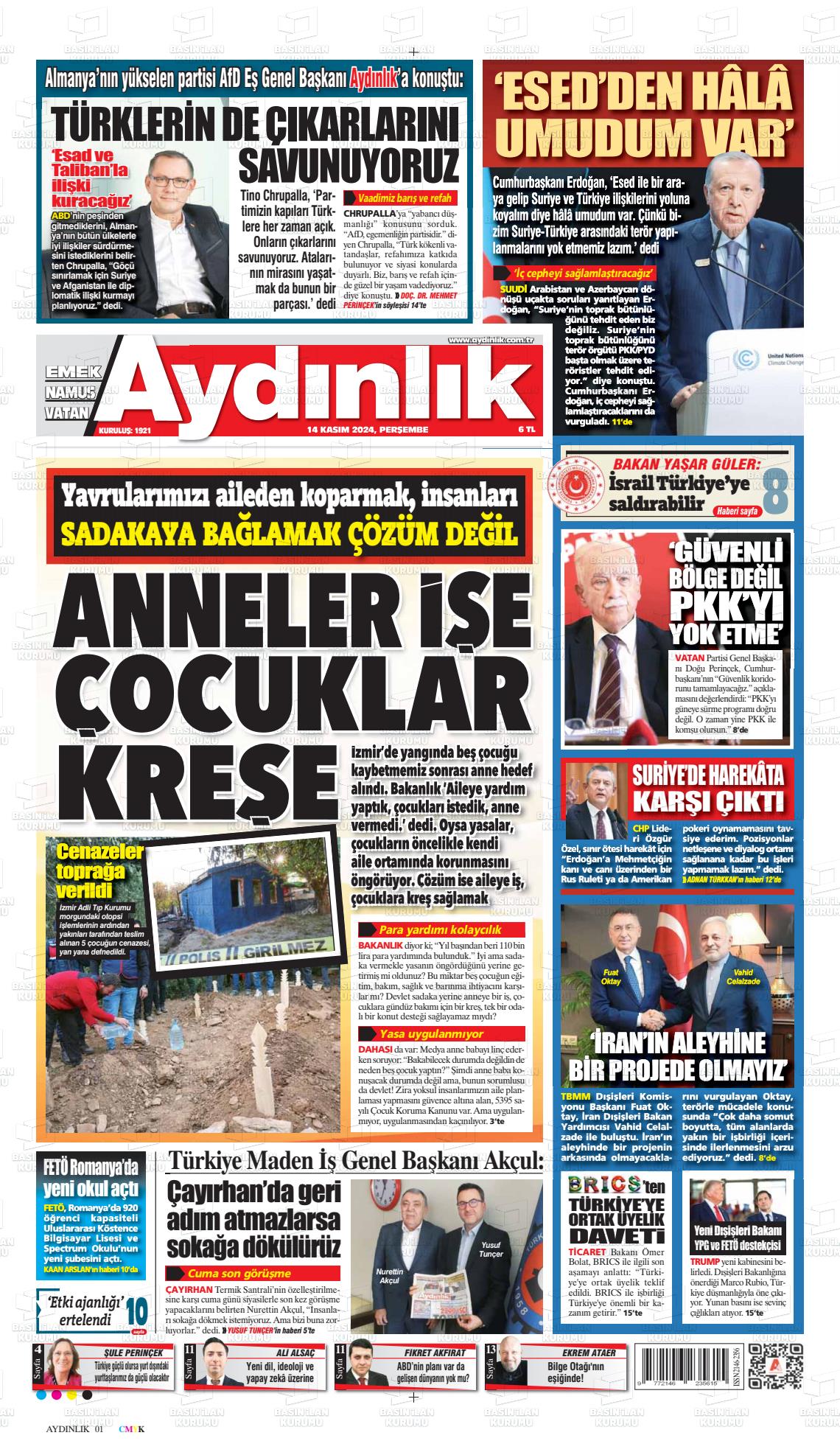 14 Kasım 2024 Aydınlık Gazete Manşeti