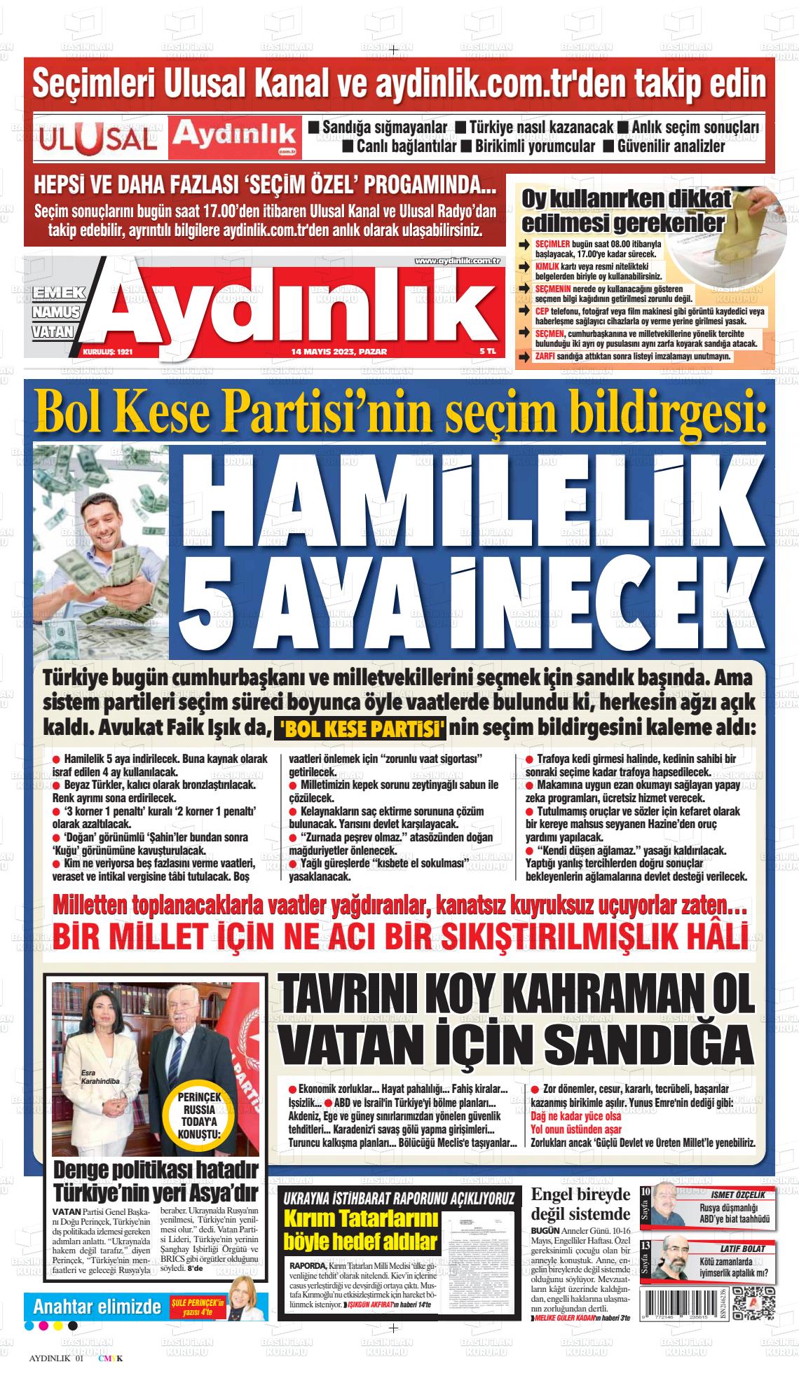 14 Mayıs 2023 Aydınlık Gazete Manşeti