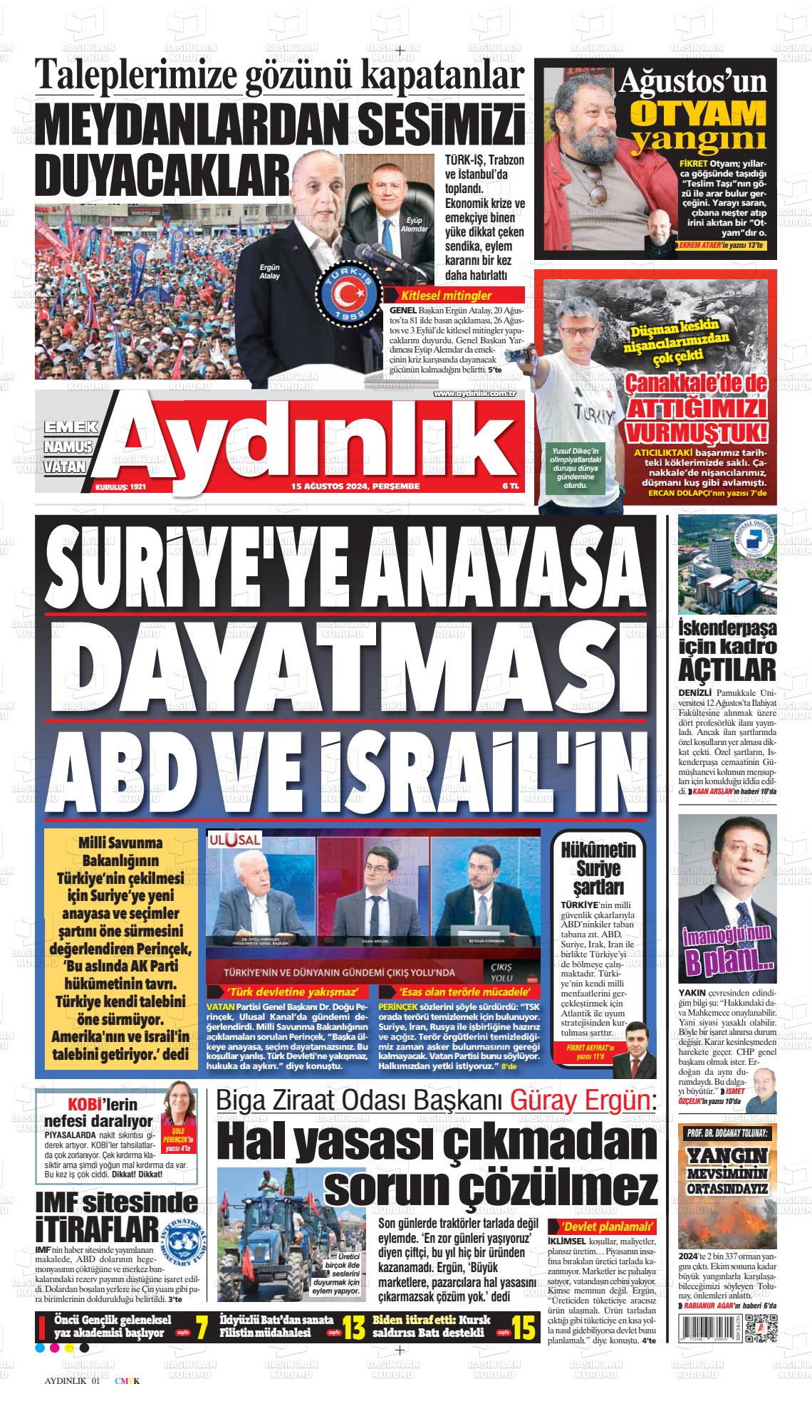 15 Ağustos 2024 Aydınlık Gazete Manşeti