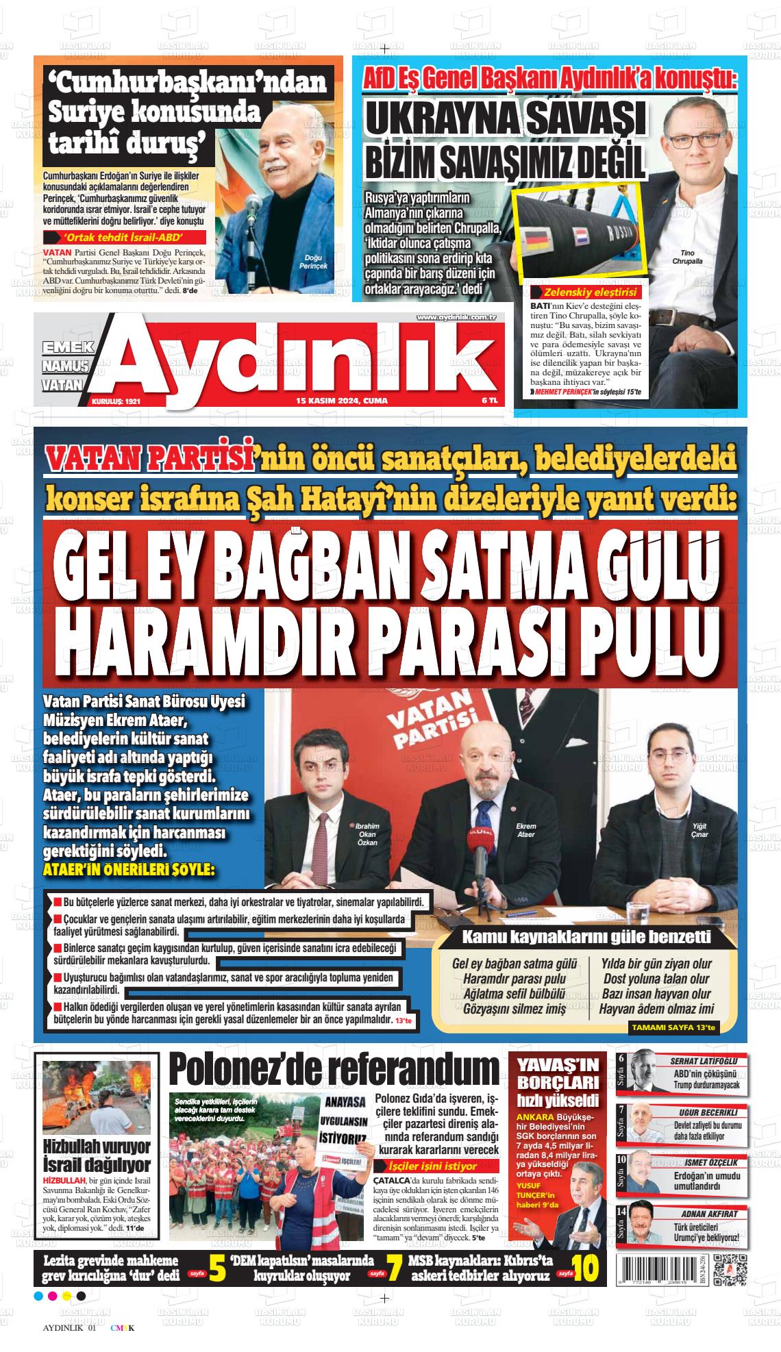 15 Kasım 2024 Aydınlık Gazete Manşeti