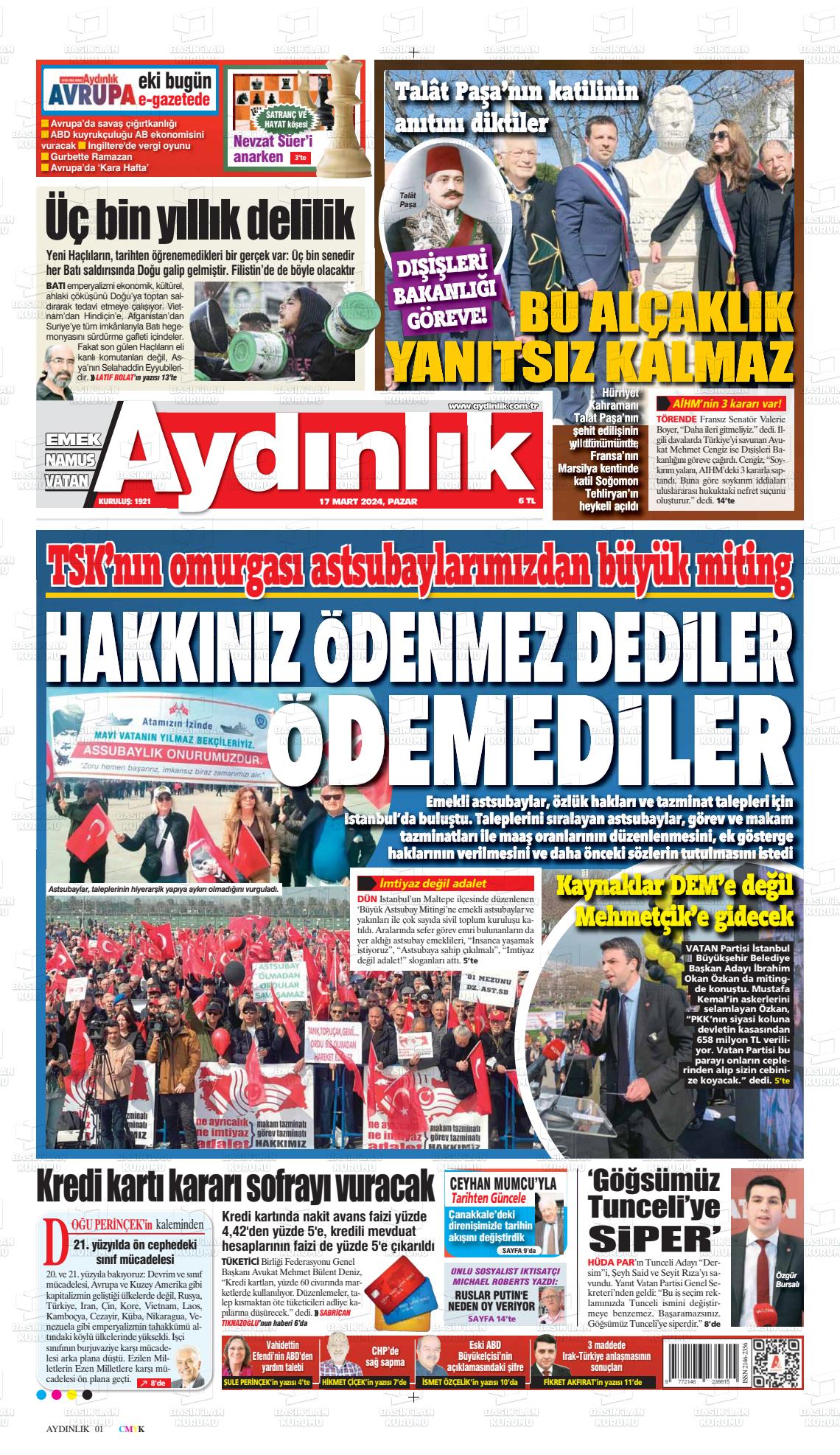 17 Mart 2024 Aydınlık Gazete Manşeti