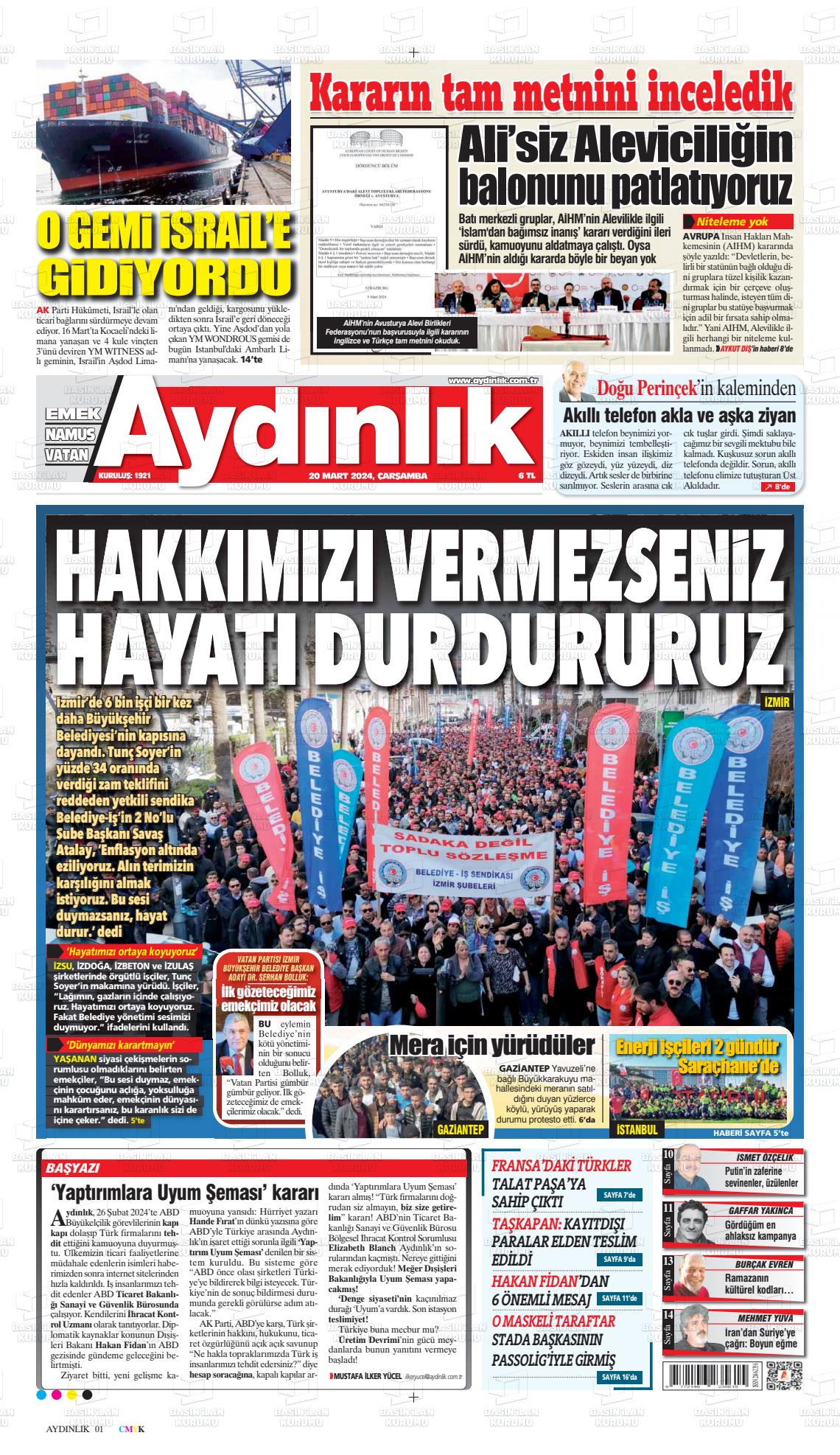 20 Mart 2024 Aydınlık Gazete Manşeti