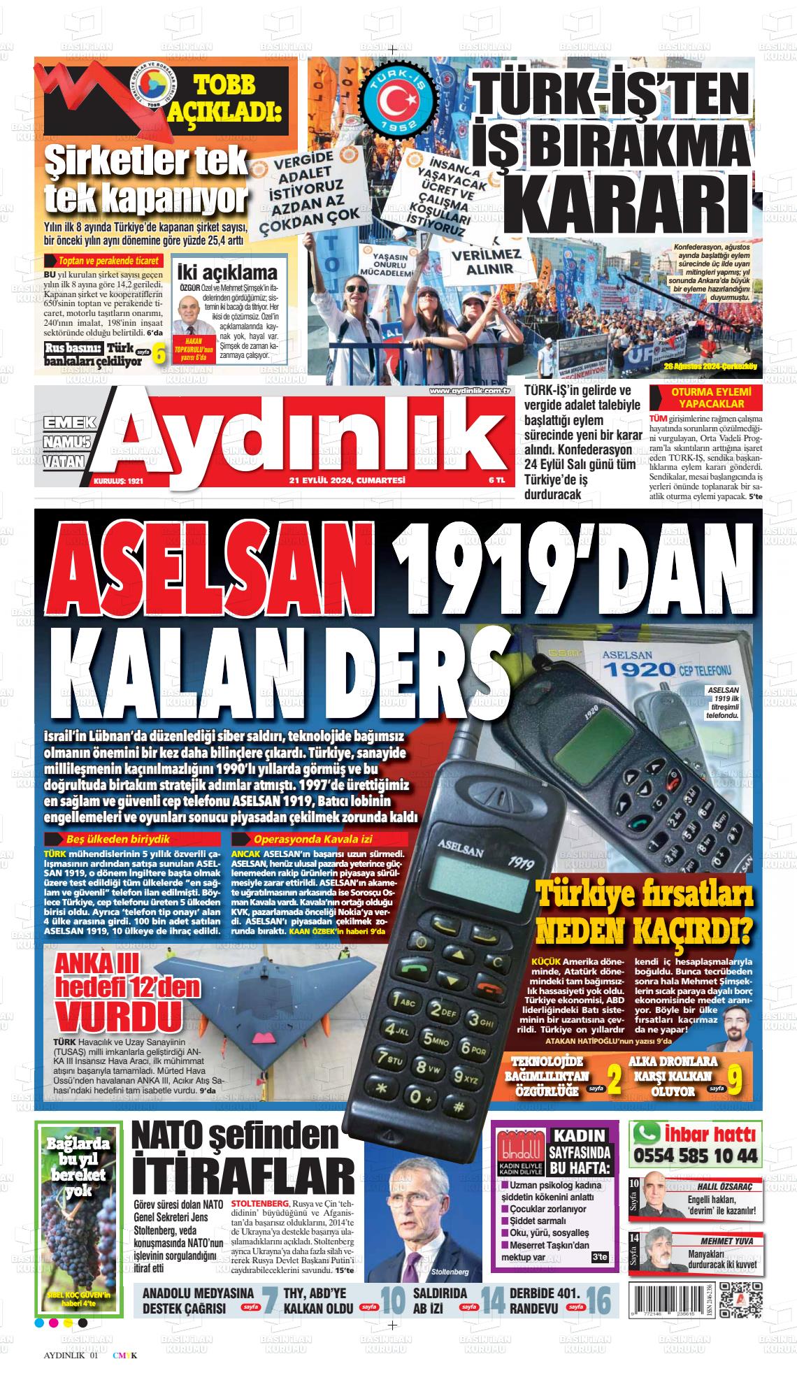 21 Eylül 2024 Aydınlık Gazete Manşeti