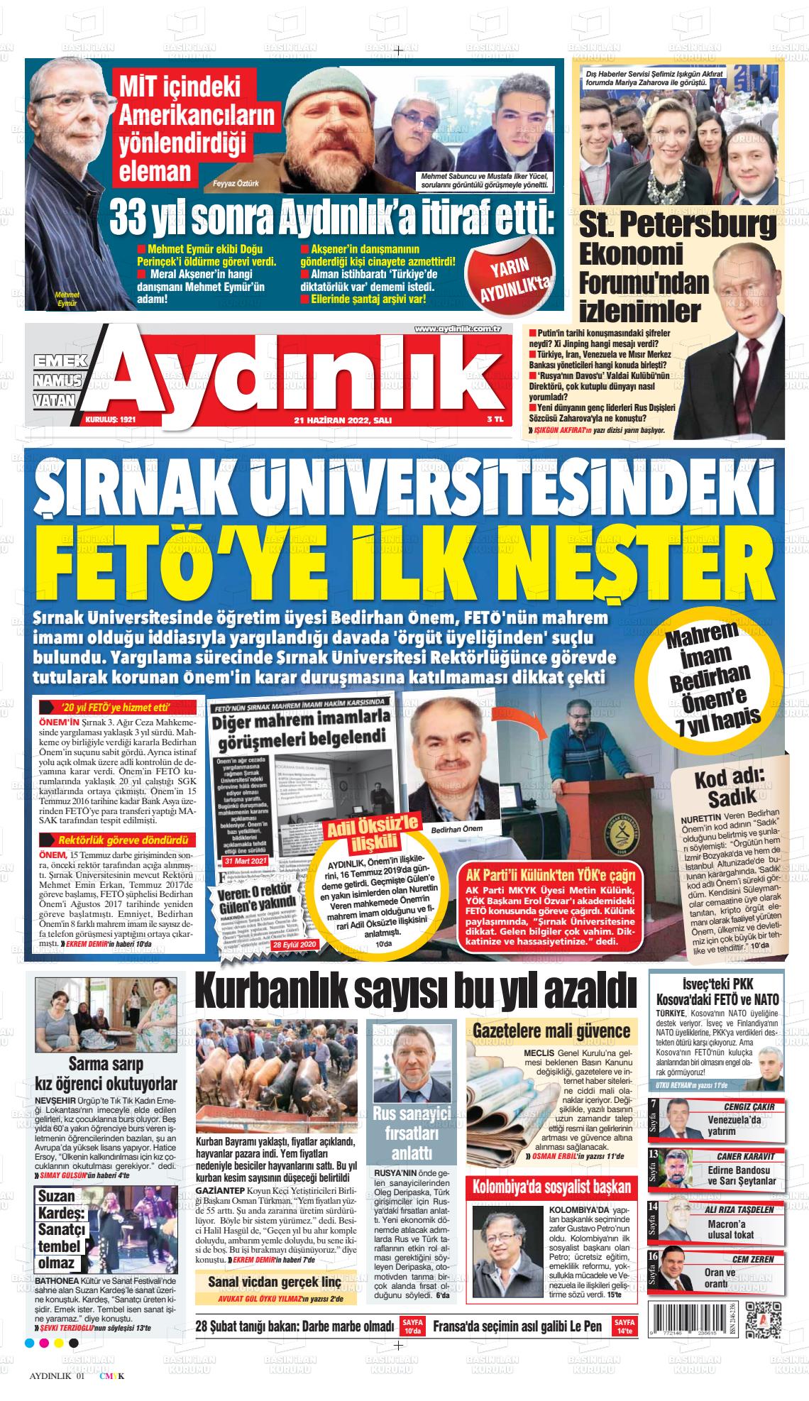 21 Haziran 2022 Aydınlık Gazete Manşeti