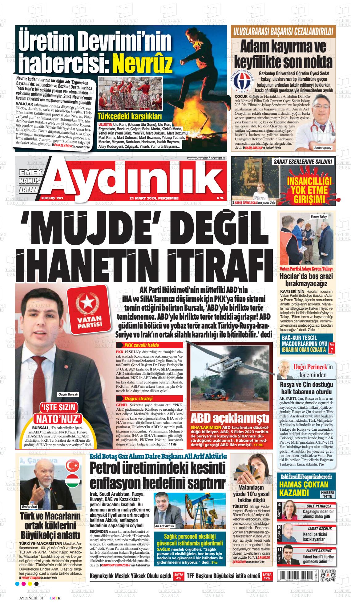 21 Mart 2024 Aydınlık Gazete Manşeti