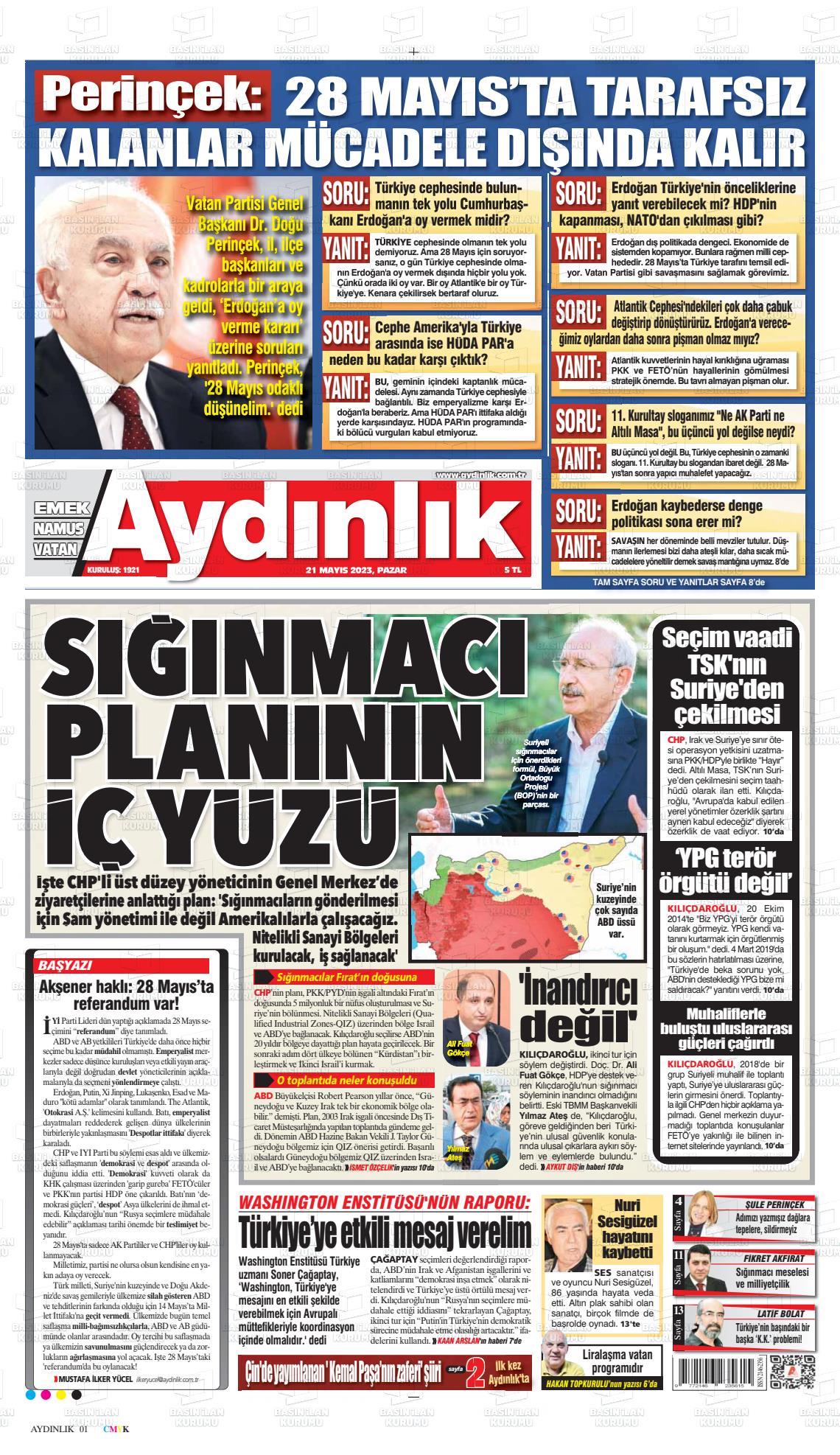 21 Mayıs 2023 Aydınlık Gazete Manşeti