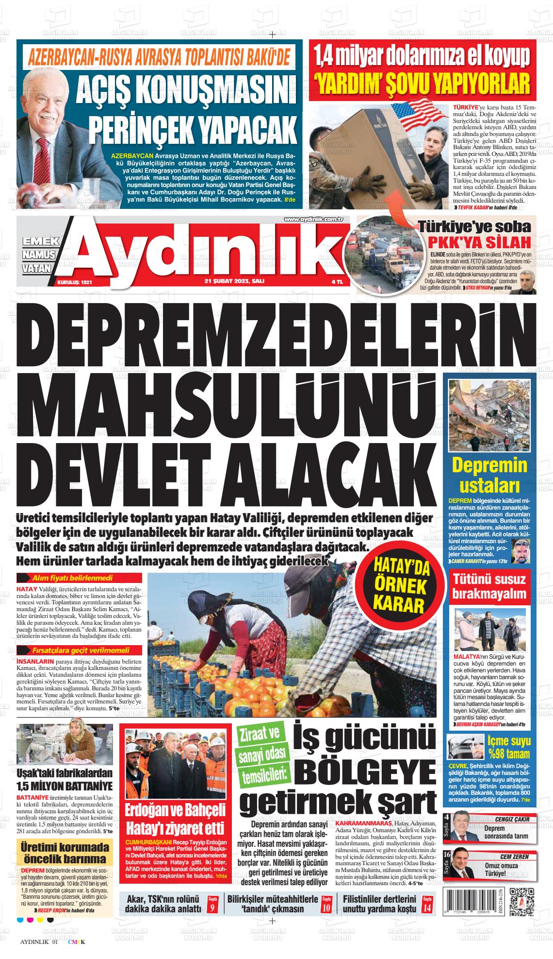 21 Şubat 2023 Aydınlık Gazete Manşeti