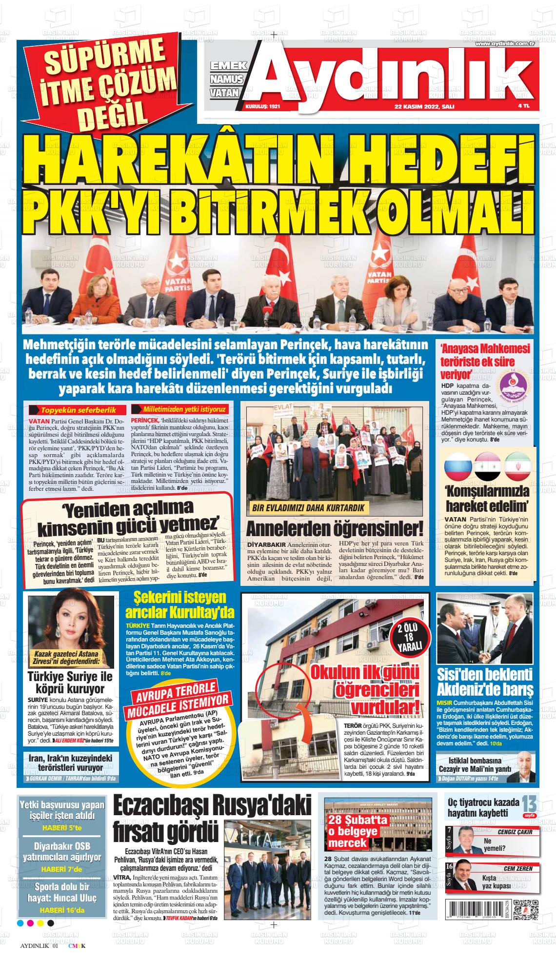 22 Kasım 2022 Aydınlık Gazete Manşeti